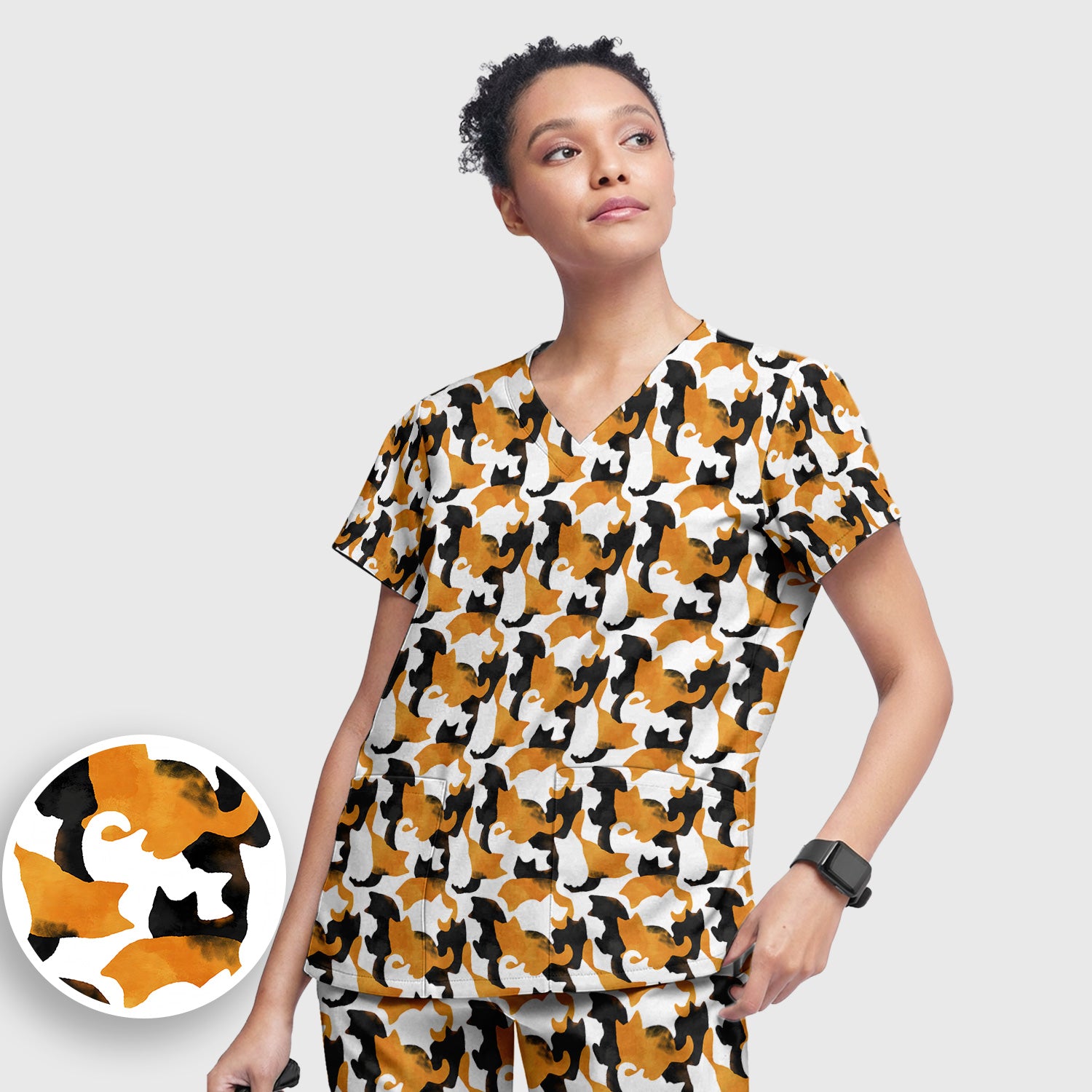 Calico Cat Silhouette Pattern Scrub Set, Scrub Pants and V Neck Top