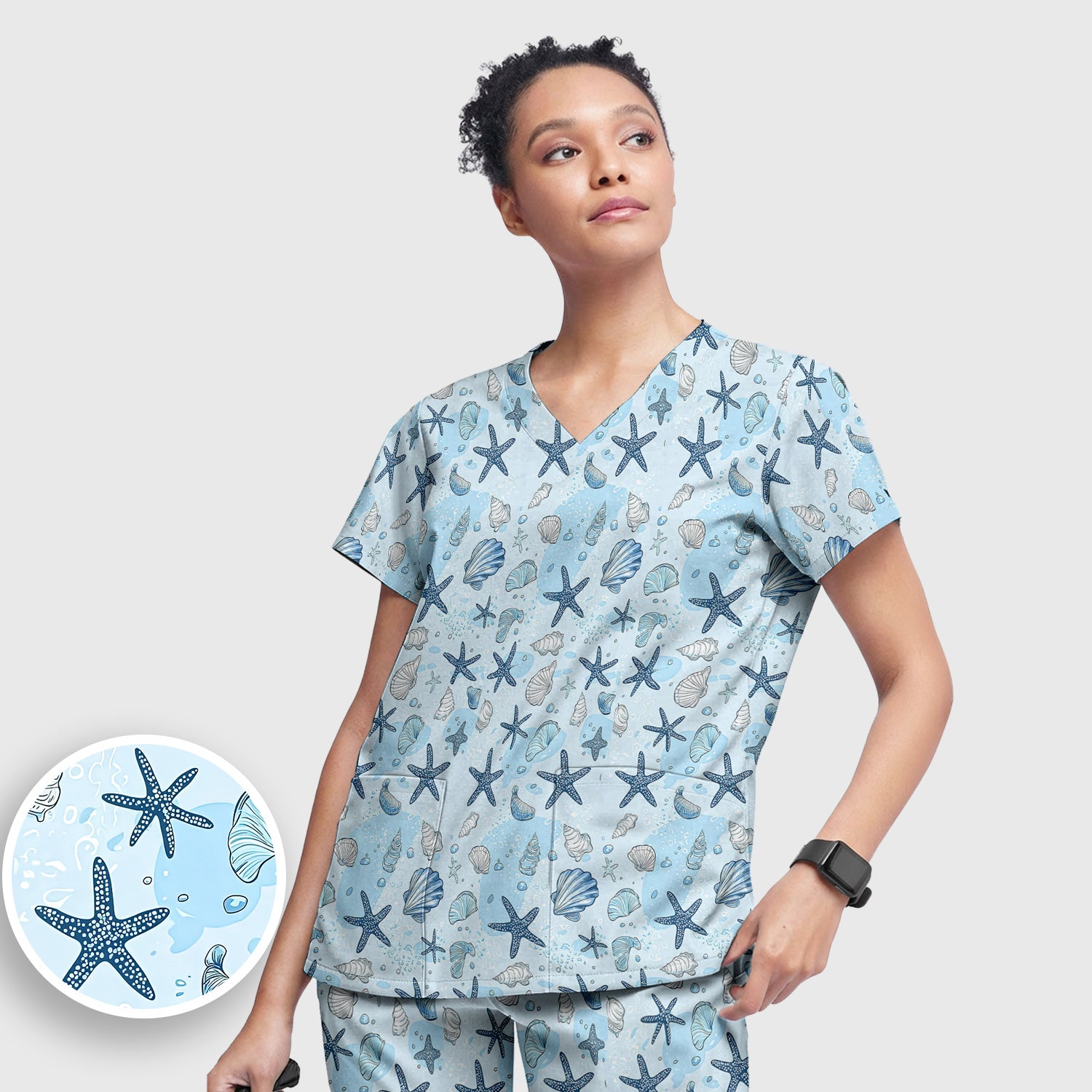 Ocean Shell And Starfish Print Scrub Set, Women's Scrub Sets