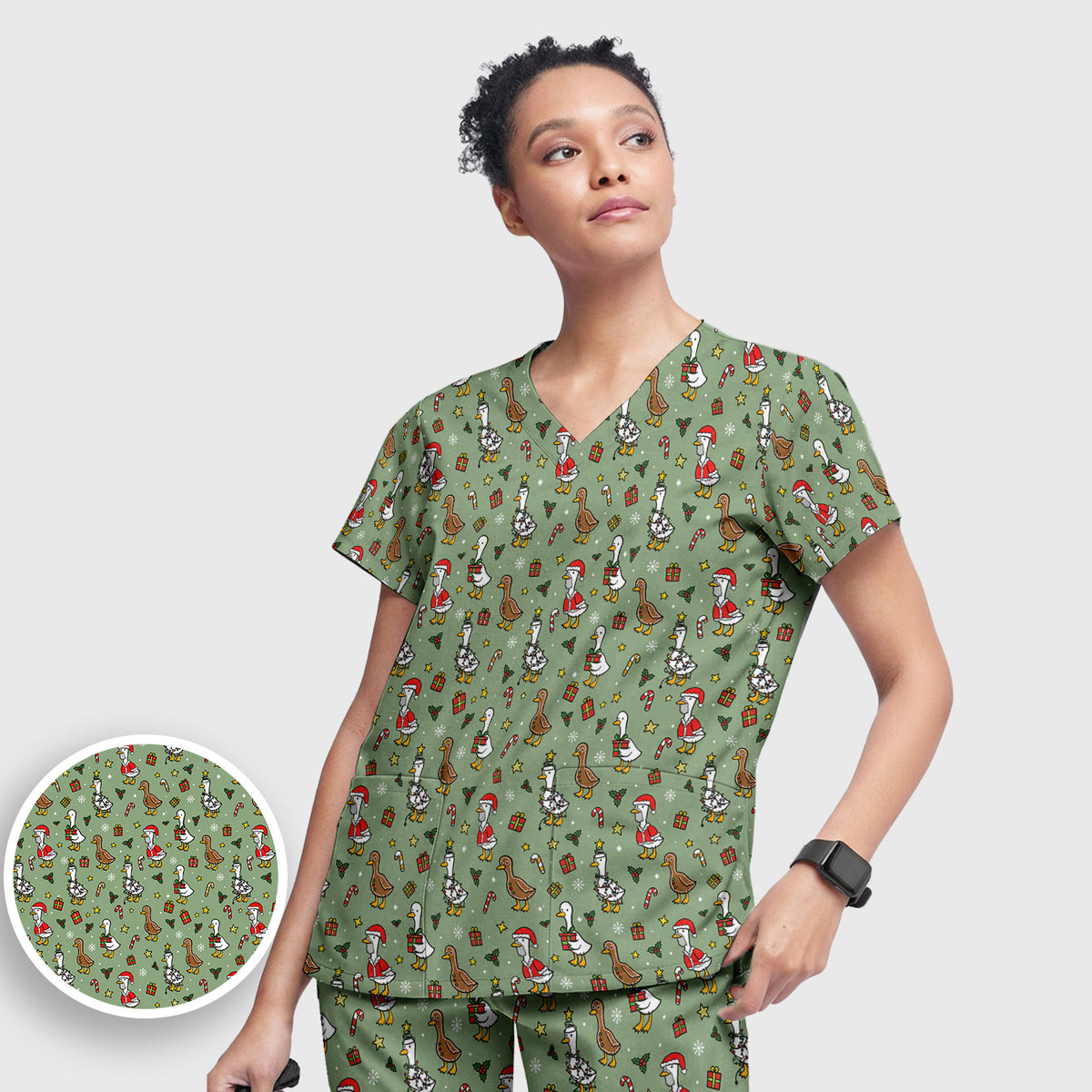 Christmas Geese In Festive Costumes Scrub Set, Scrub Pants and V Neck Top