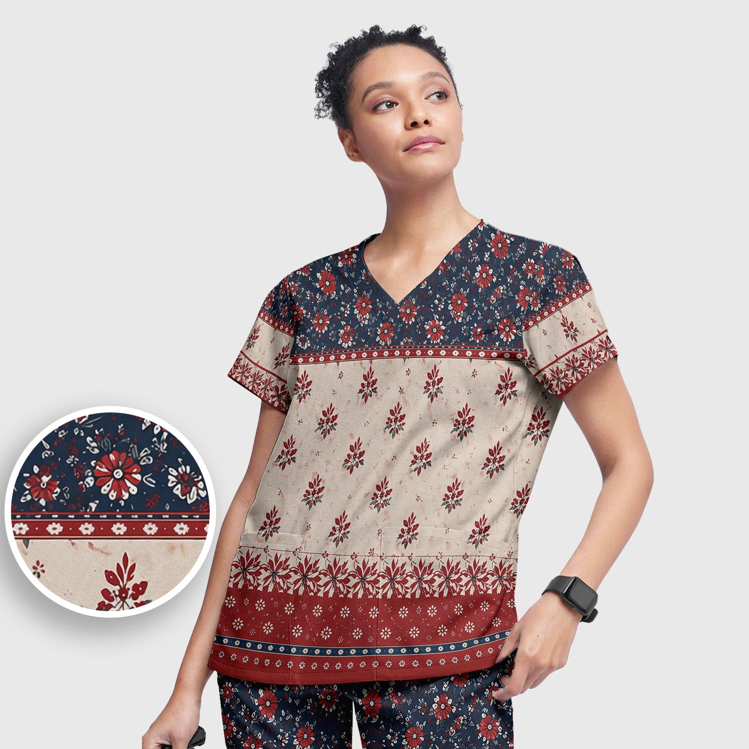 Vintage Floral Border Red Blue Pattern Scrub Set, Scrub Pants and V Neck Top