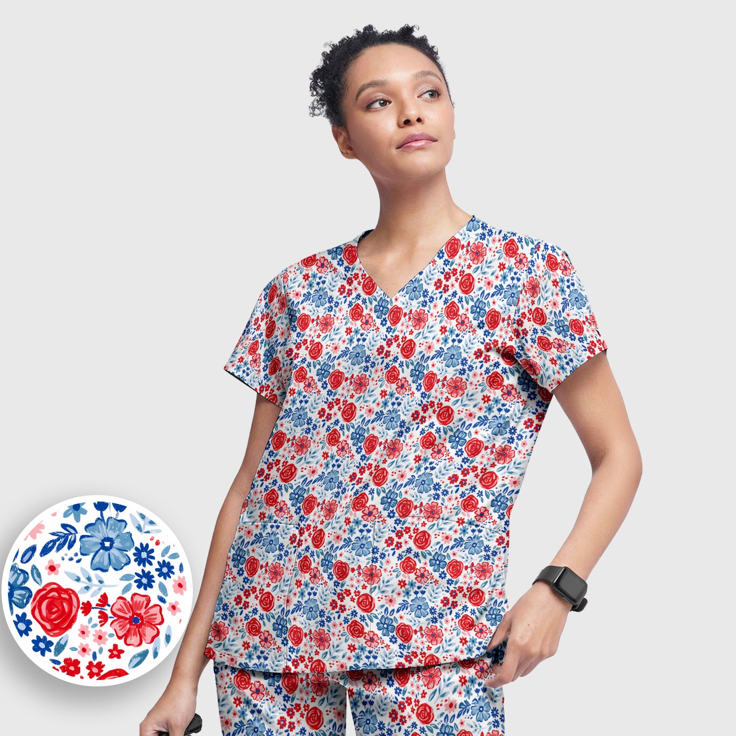 Red Blue Floral Garden Blossom Pattern Scrub Set, Scrub Pants and V Neck Top