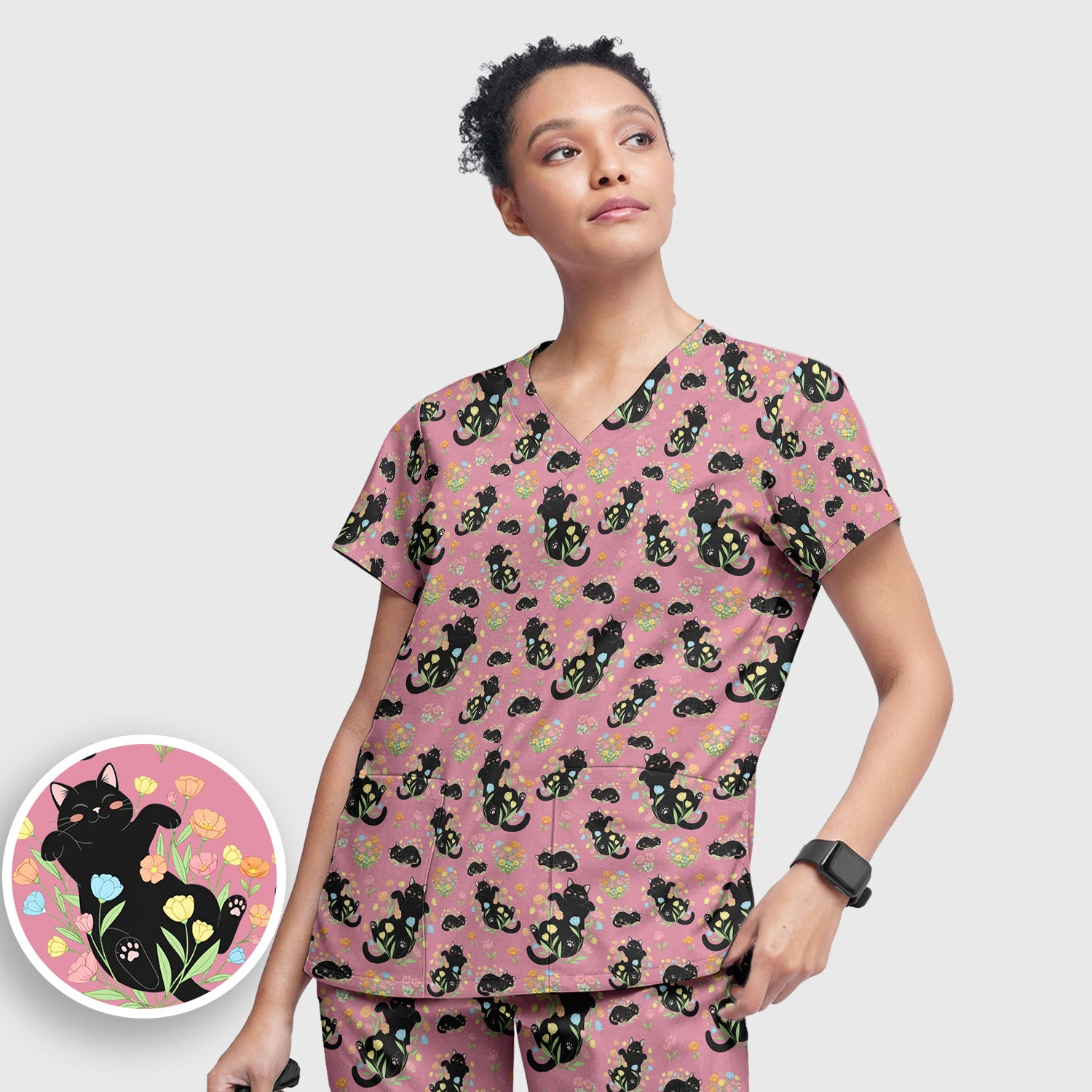 Cats With Cute Poses Floral Pattern Scrubs Sets, Scrub Pants and V Neck Top