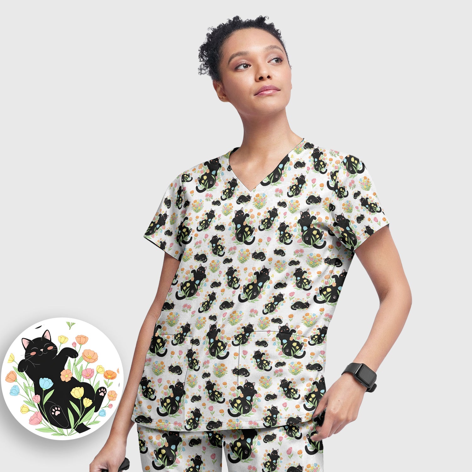 Cats With Cute Poses Floral Pattern Scrubs Sets, Scrub Pants and V Neck Top