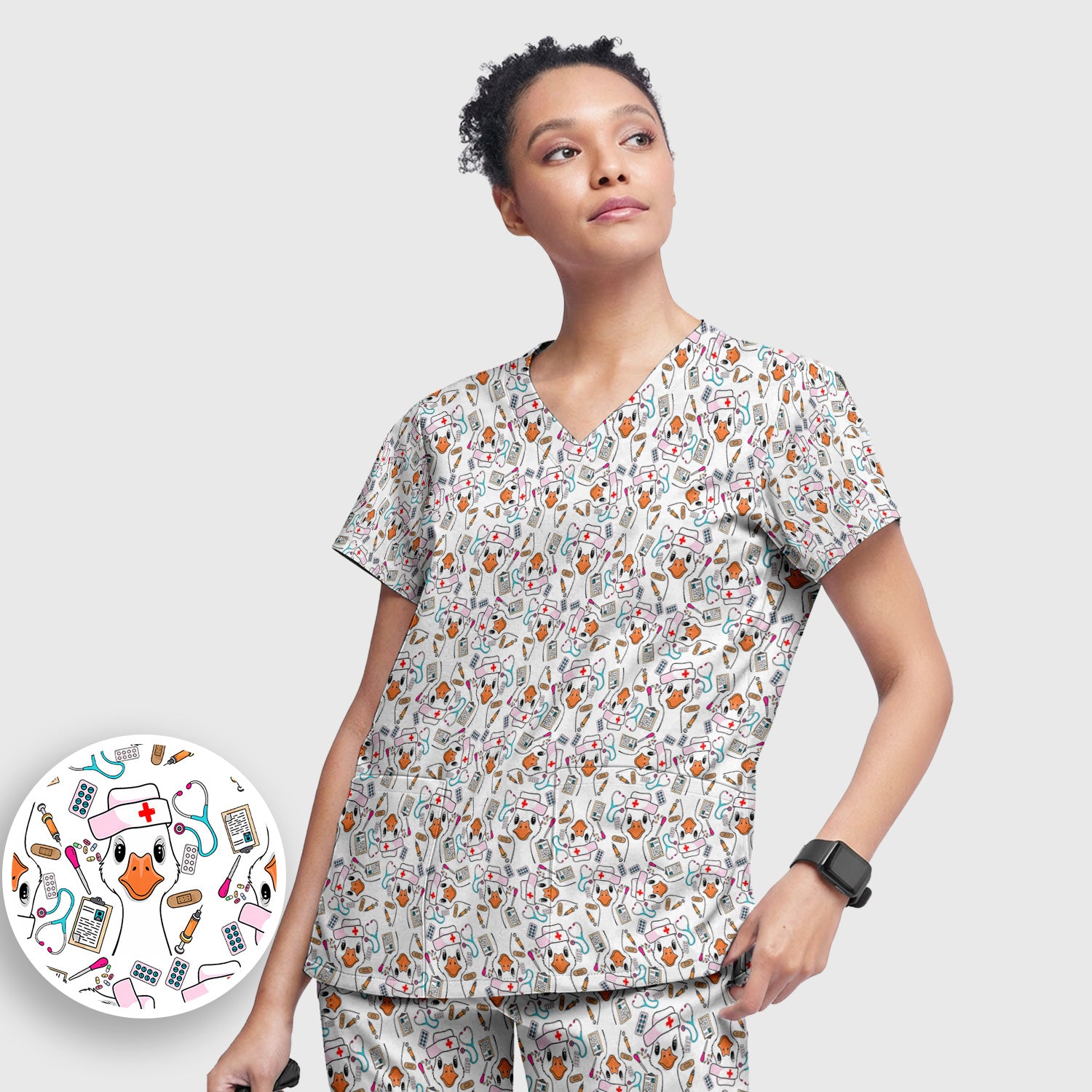 Duck Wearing Hat With Medical Tools Scrub Set, Breathable Med Uniform