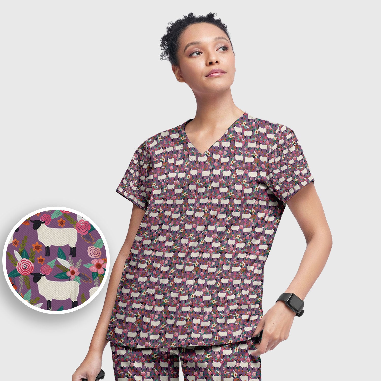 Cute Sheep Floral Meadow Pattern Scrub Set, Nurse Uniform Scrubs Set