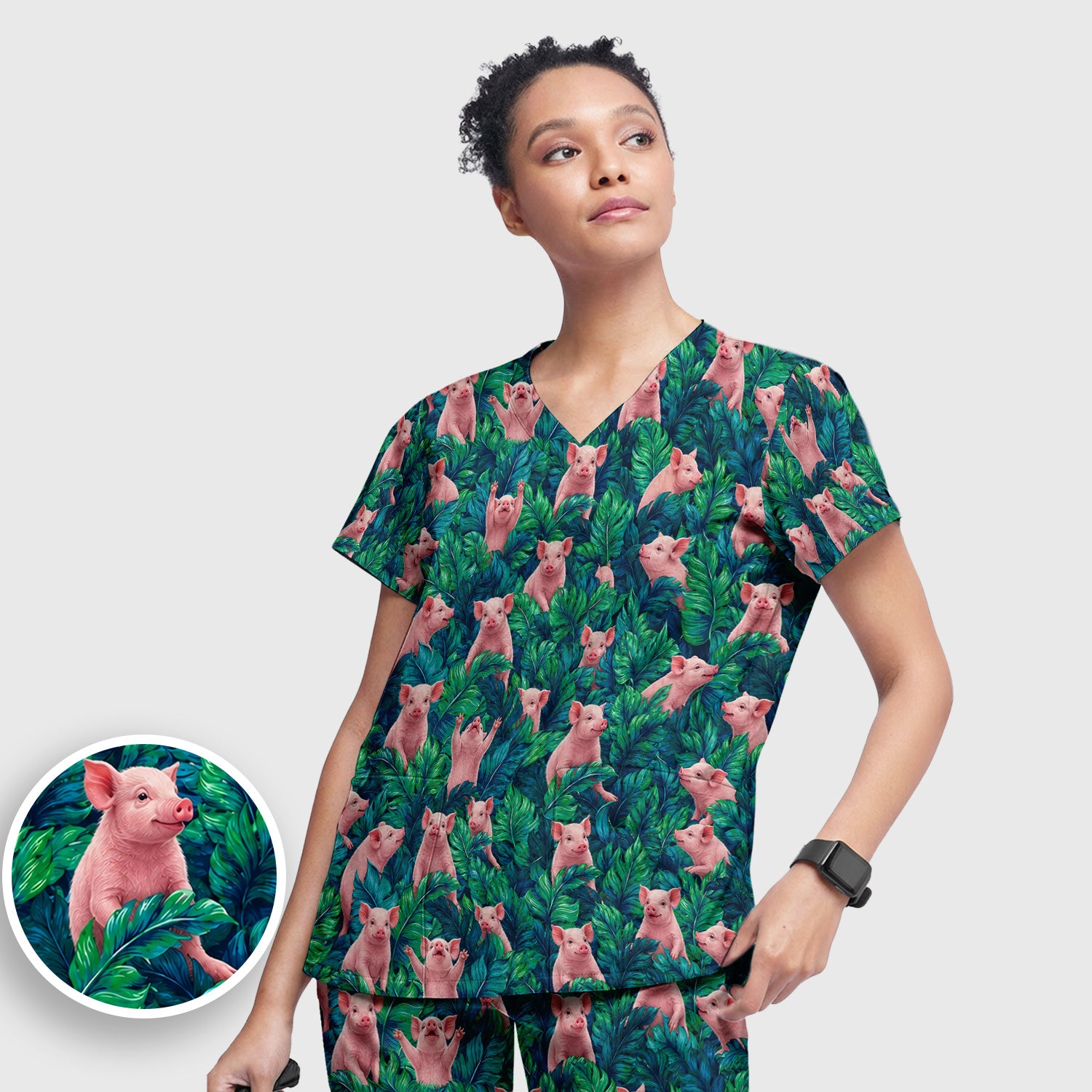 Cute Piglet Jungle Leaves Pattern Scrub Set, Scrub Pants and V Neck Top