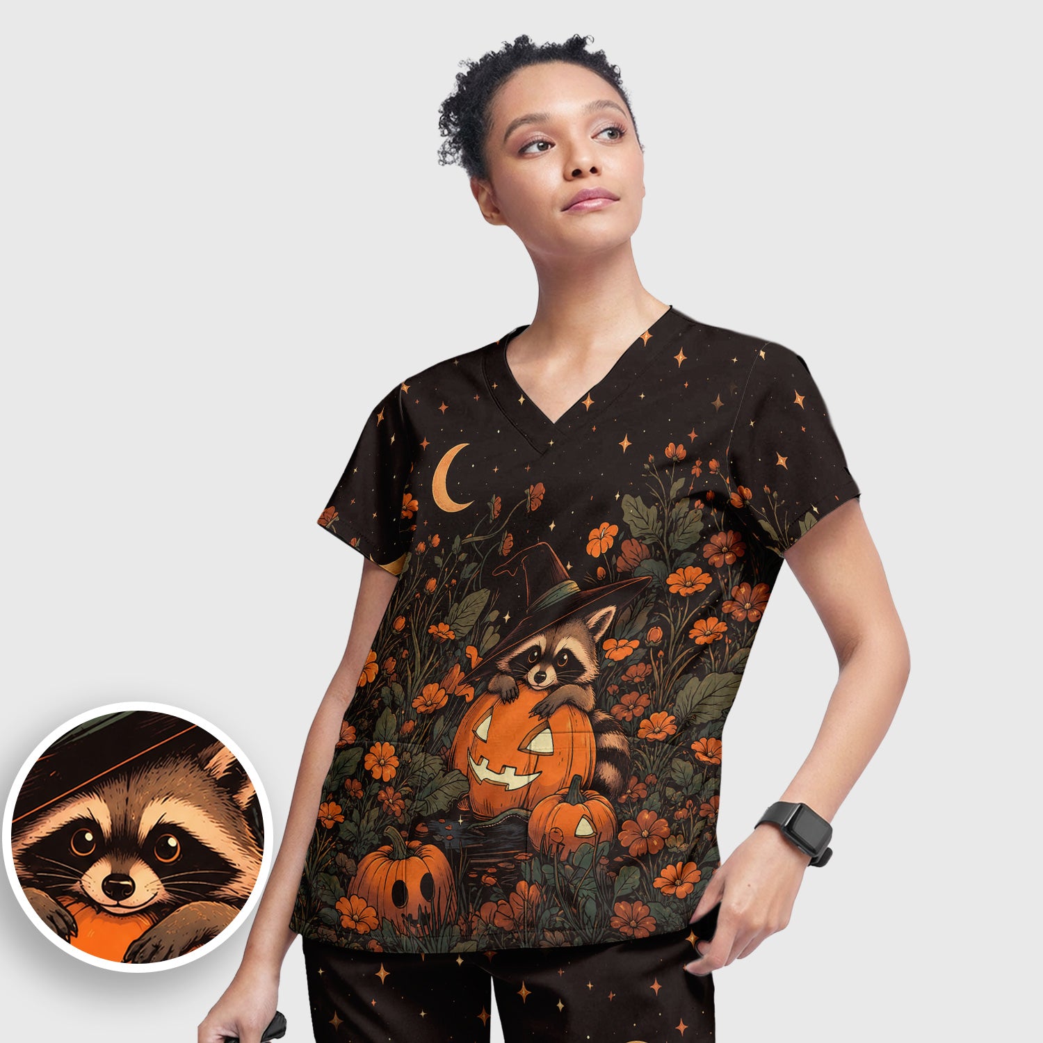 Spooky Halloween Raccoon Print Scrub Set, Scrub Pants and V Neck Top