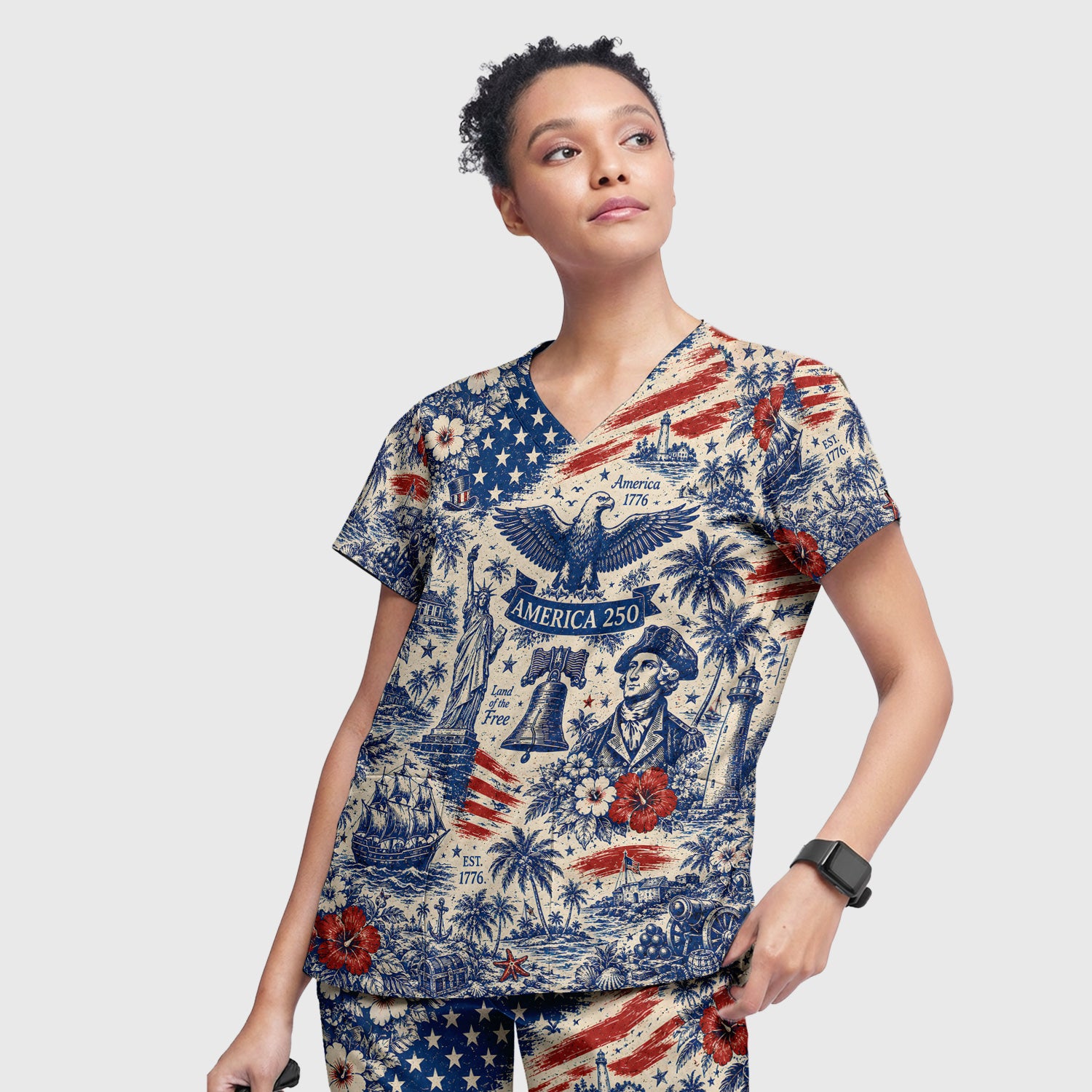 America 250 Eagle Liberty Pattern Scrub Set, Scrub Pants and V Neck Top