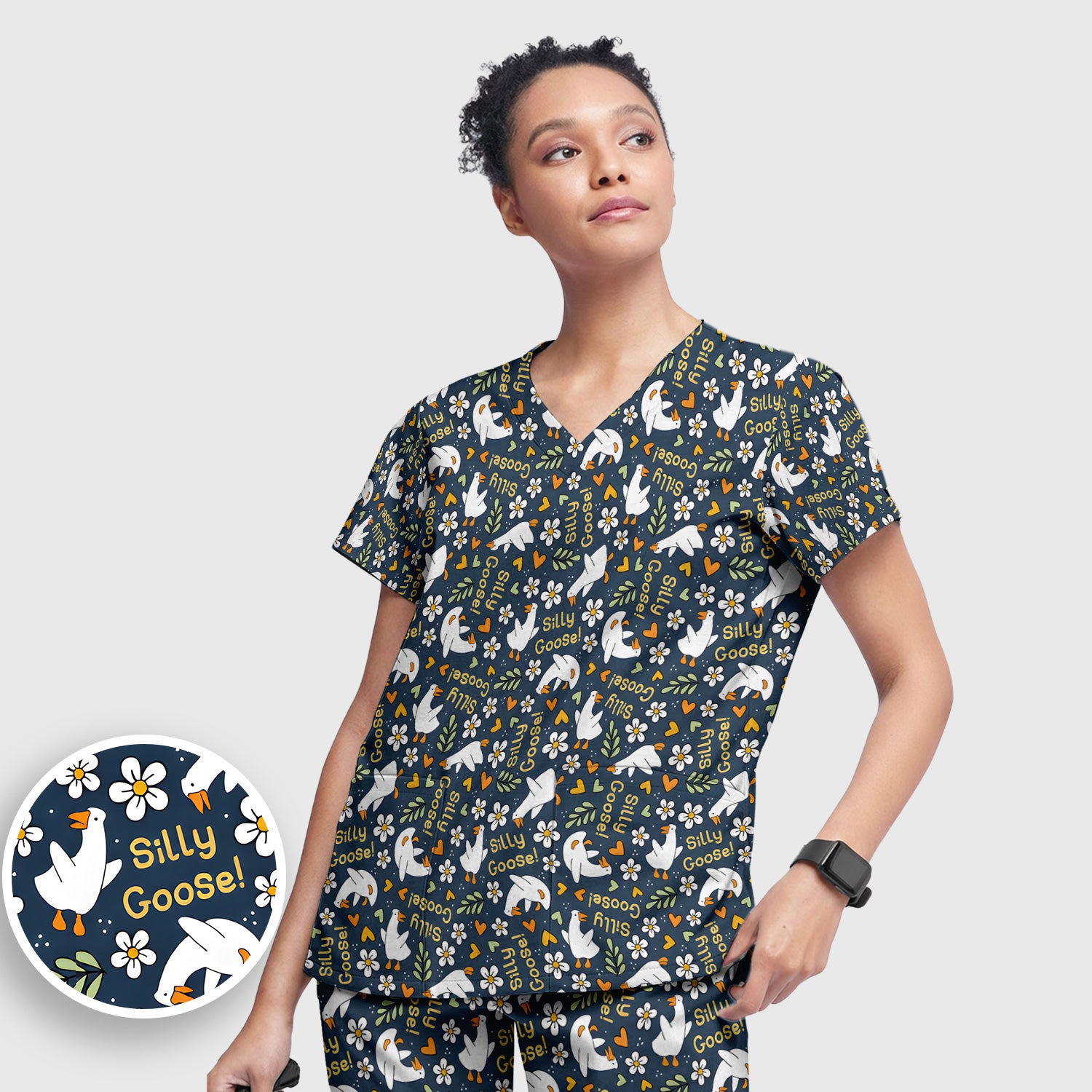 Silly Goose Floral Pattern Scrub Set, Scrub Pants and V Neck Top