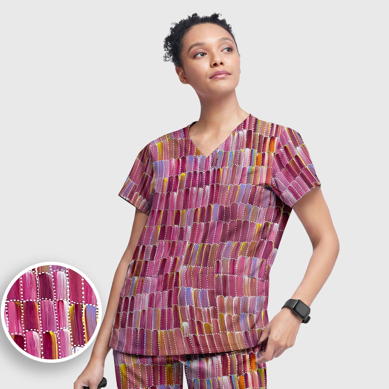 Colorful Abstract Brushstroke Dotted Pattern Scrub Set, Scrub Pants and V Neck Top