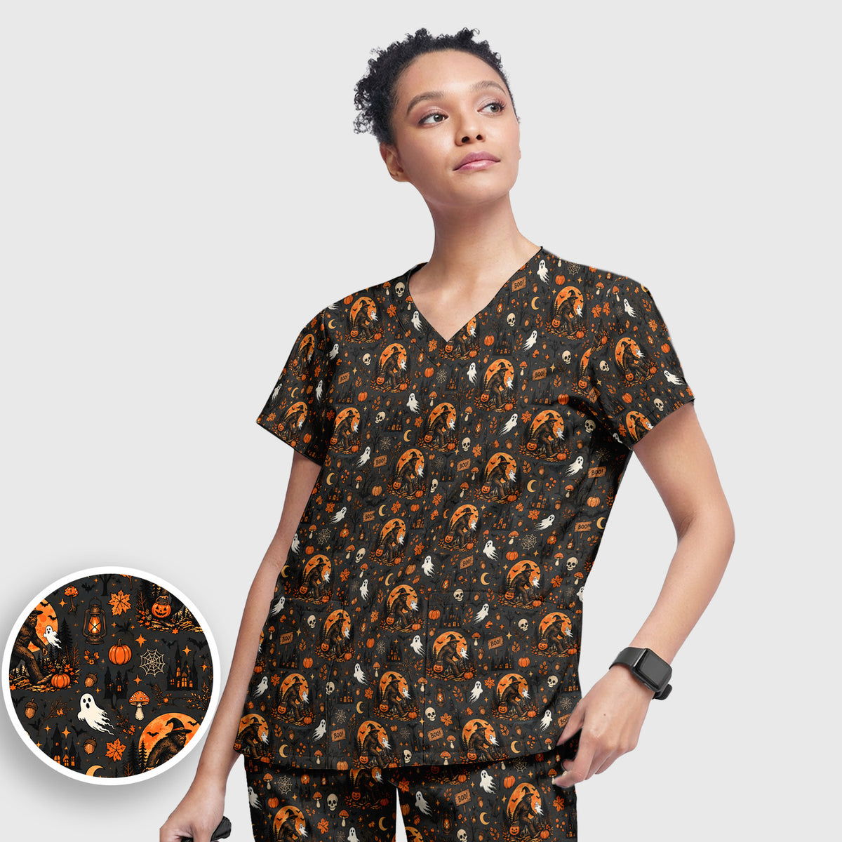 Halloween Bigfoot Ghost with Pumpkin Scrub Set, Scrub Pants and V Neck Top