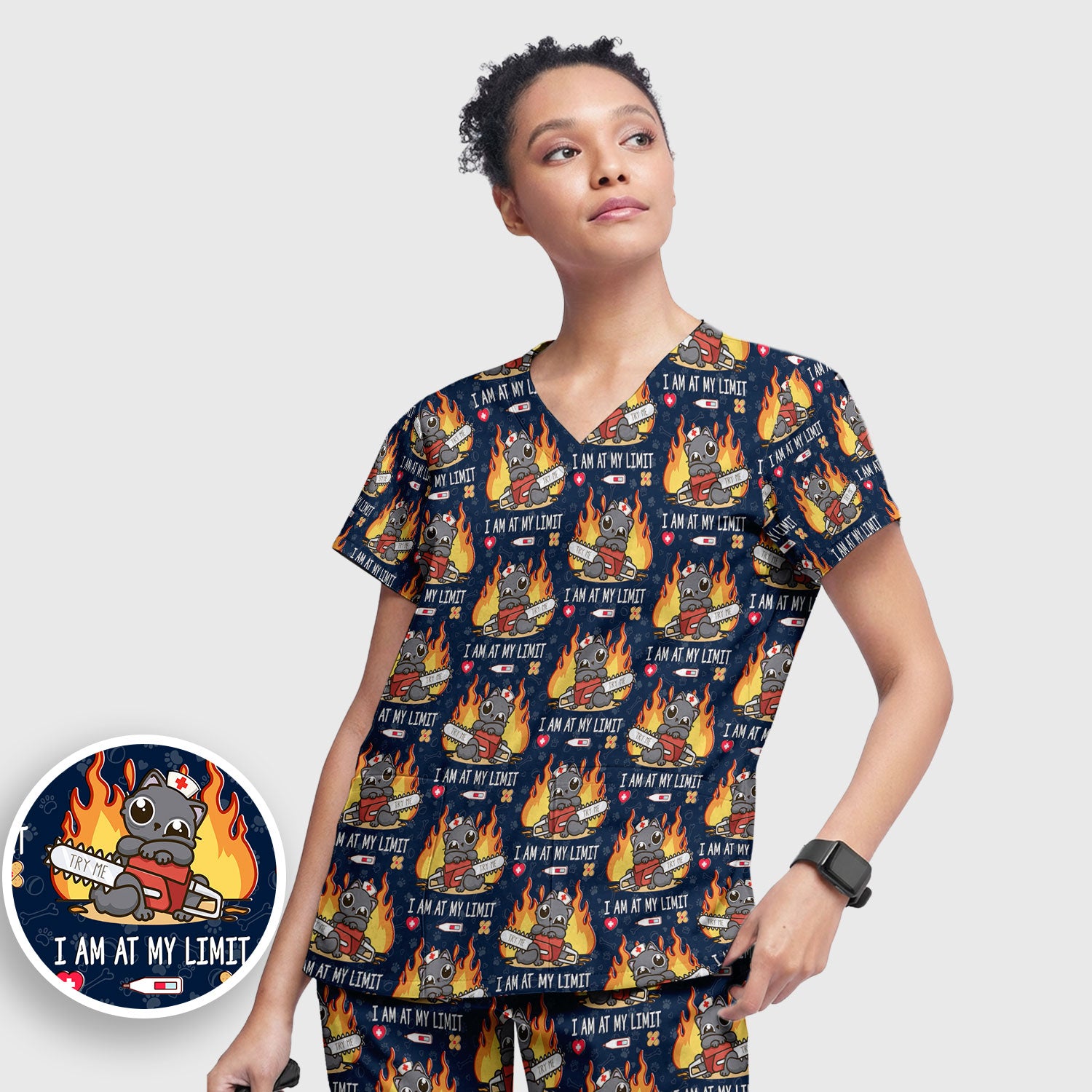 Funny Nurse Cat I Am At My Limit Women's Scrub Set, Breathable Med Uniform