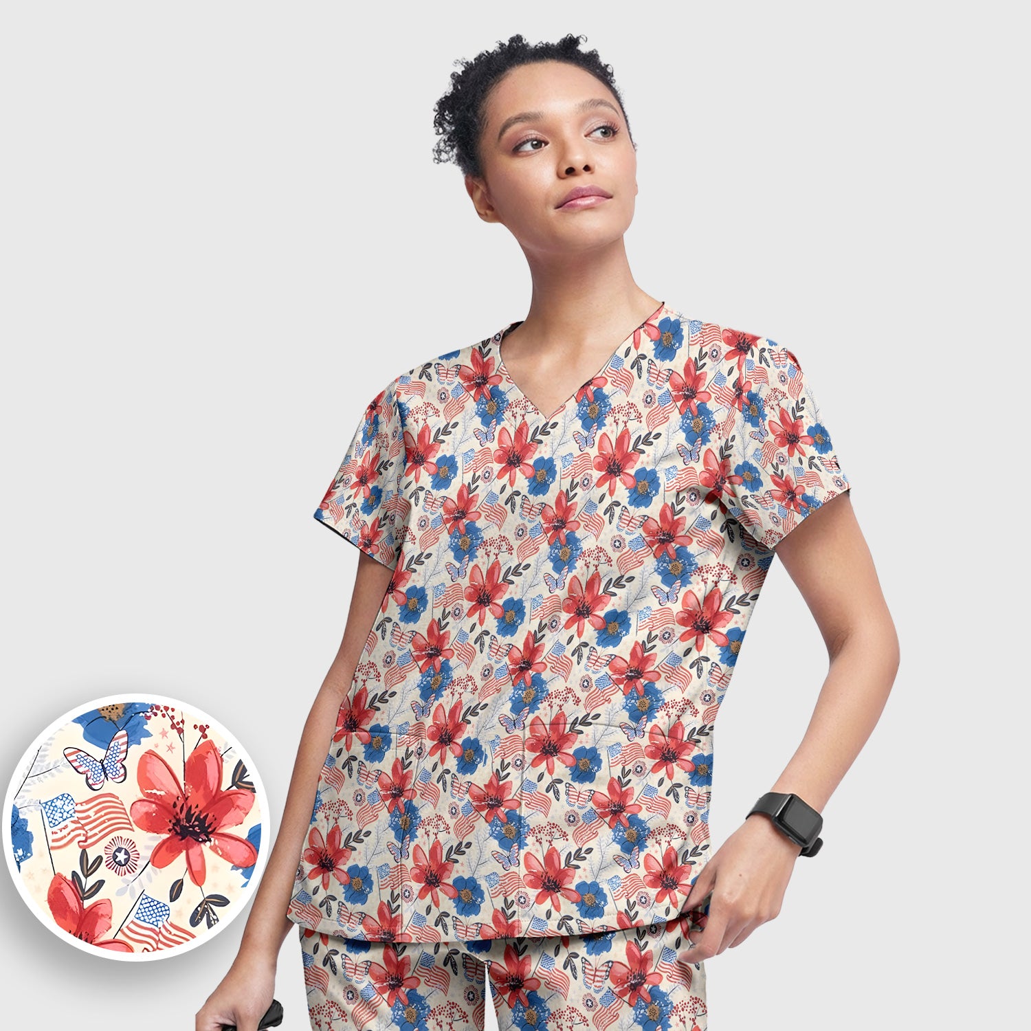 Patriotic Wildflower Flag Butterfly Pattern Scrub Set, Scrub Pants and V Neck Top