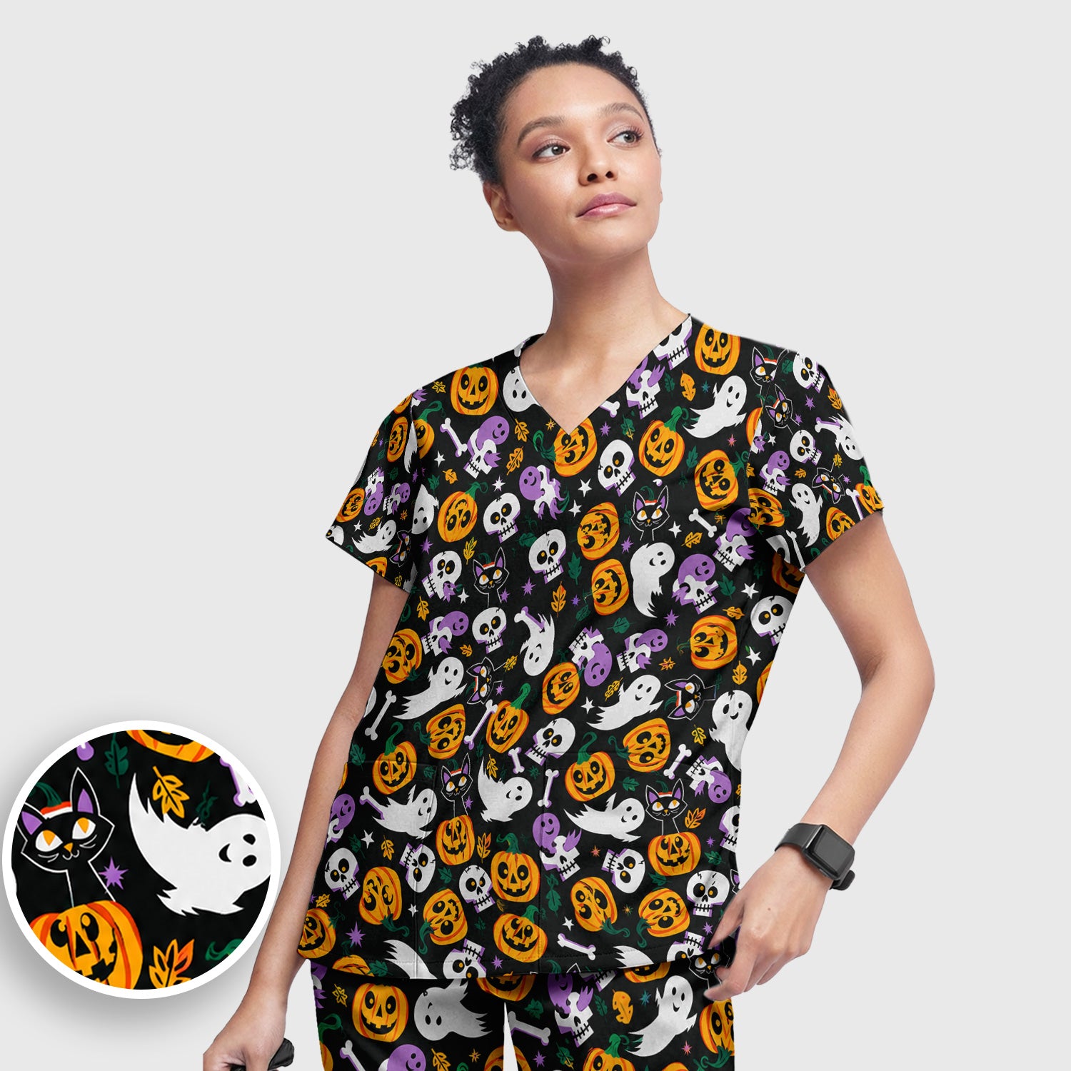 Spooky Pumpkin Ghost Print Scrub Set, Scrub Pants and V Neck Top