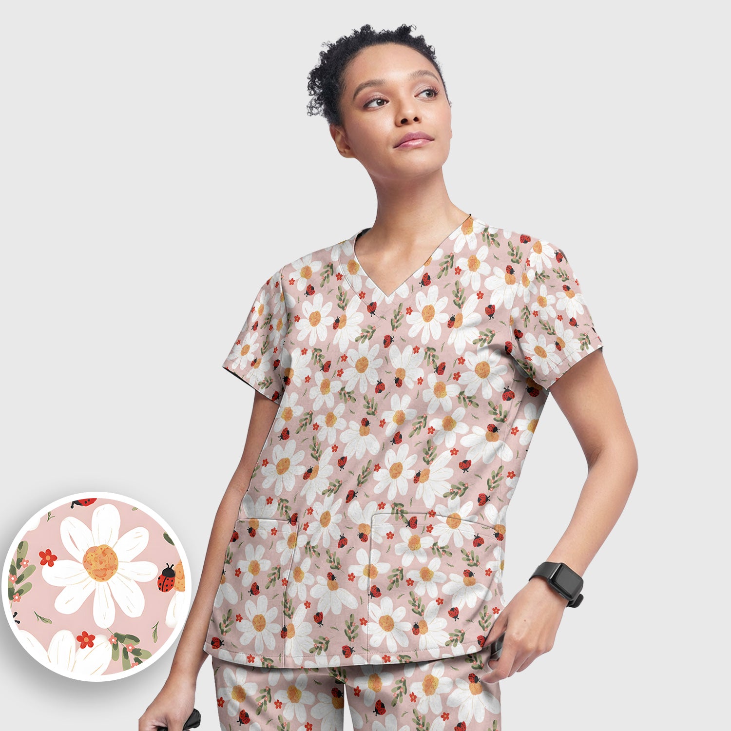 Daisy Ladybug Garden Blossom Pattern Scrub Set, Scrub Pants and V Neck Top