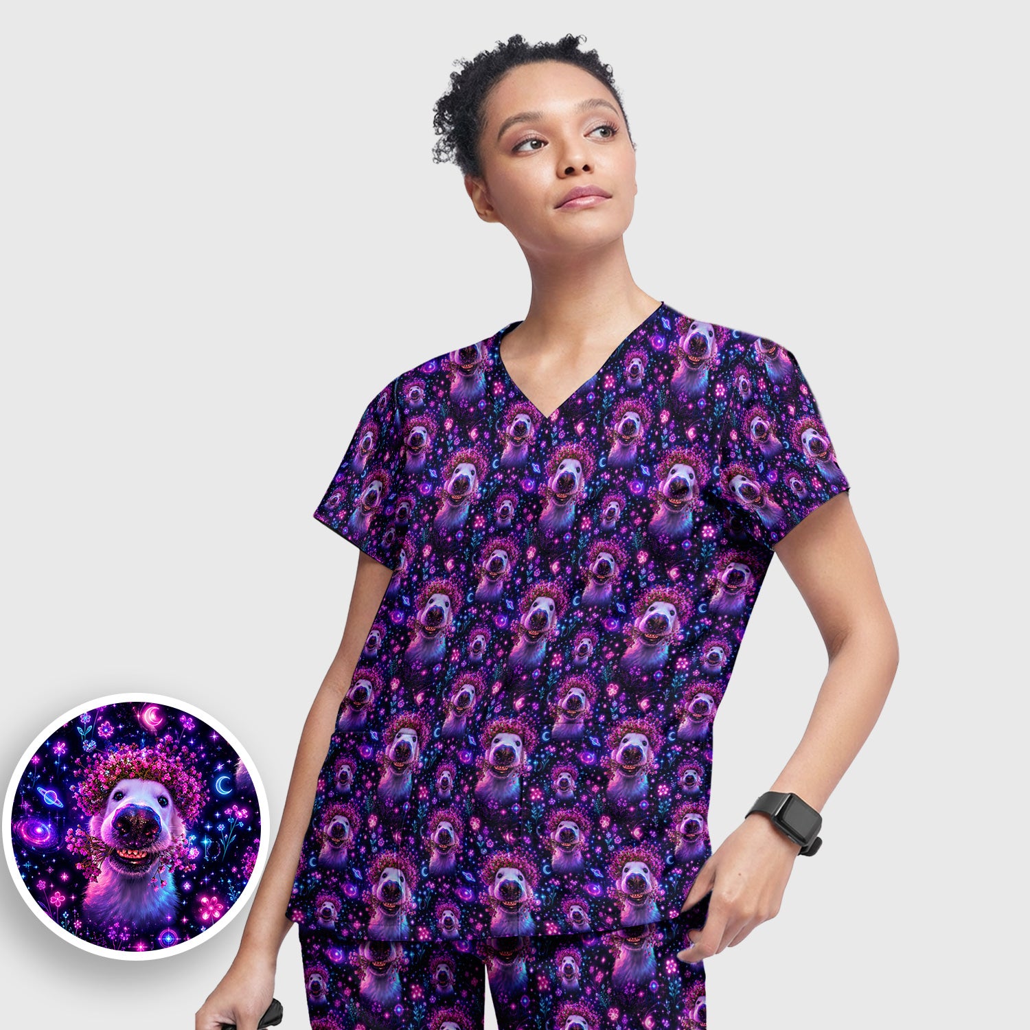 Galaxy Golden Retriever Pattern Scrub Set, Scrub Pants and V Neck Top