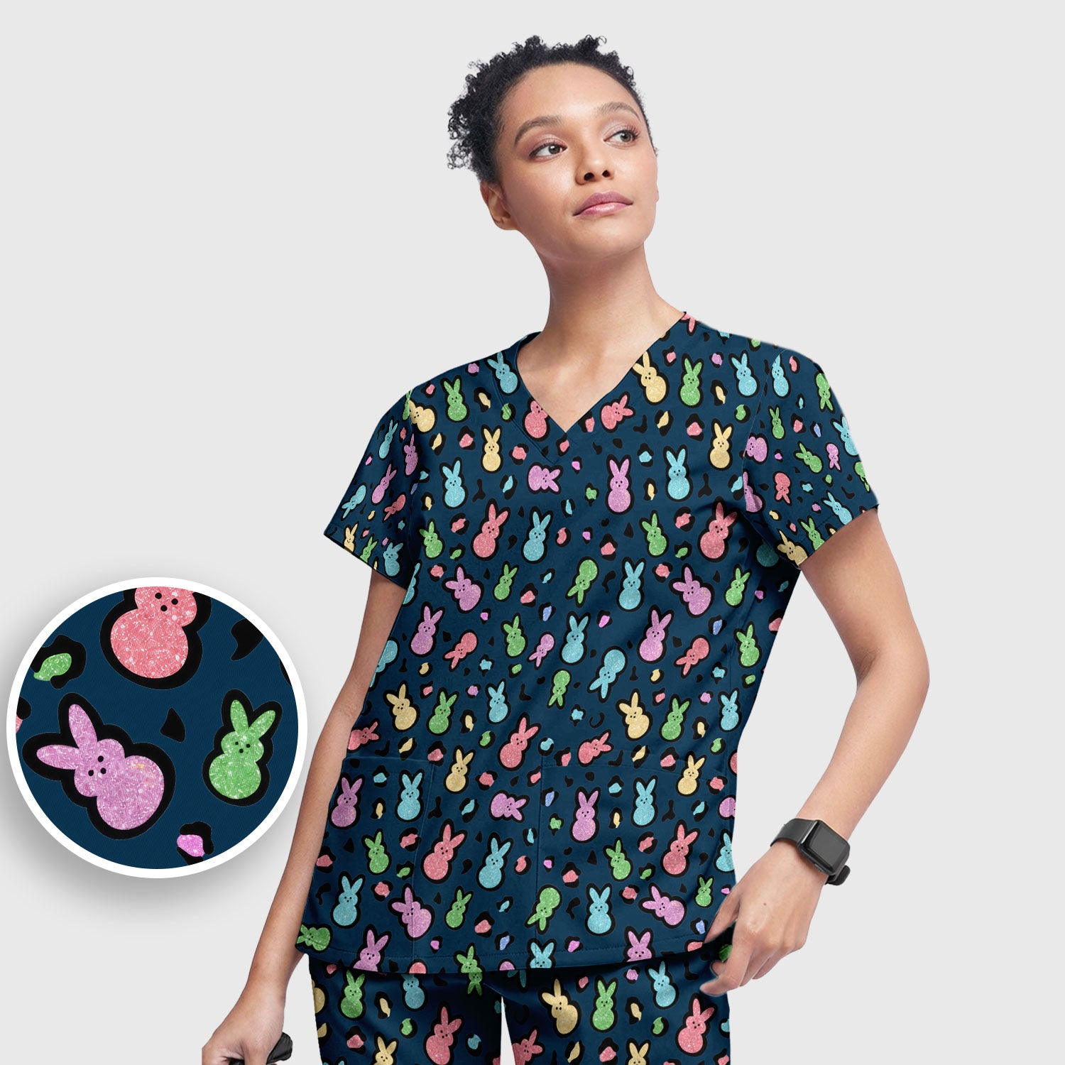 Cute Easter Bunny Pastel Pattern Scrub Set, Scrub Pants and V Neck Top