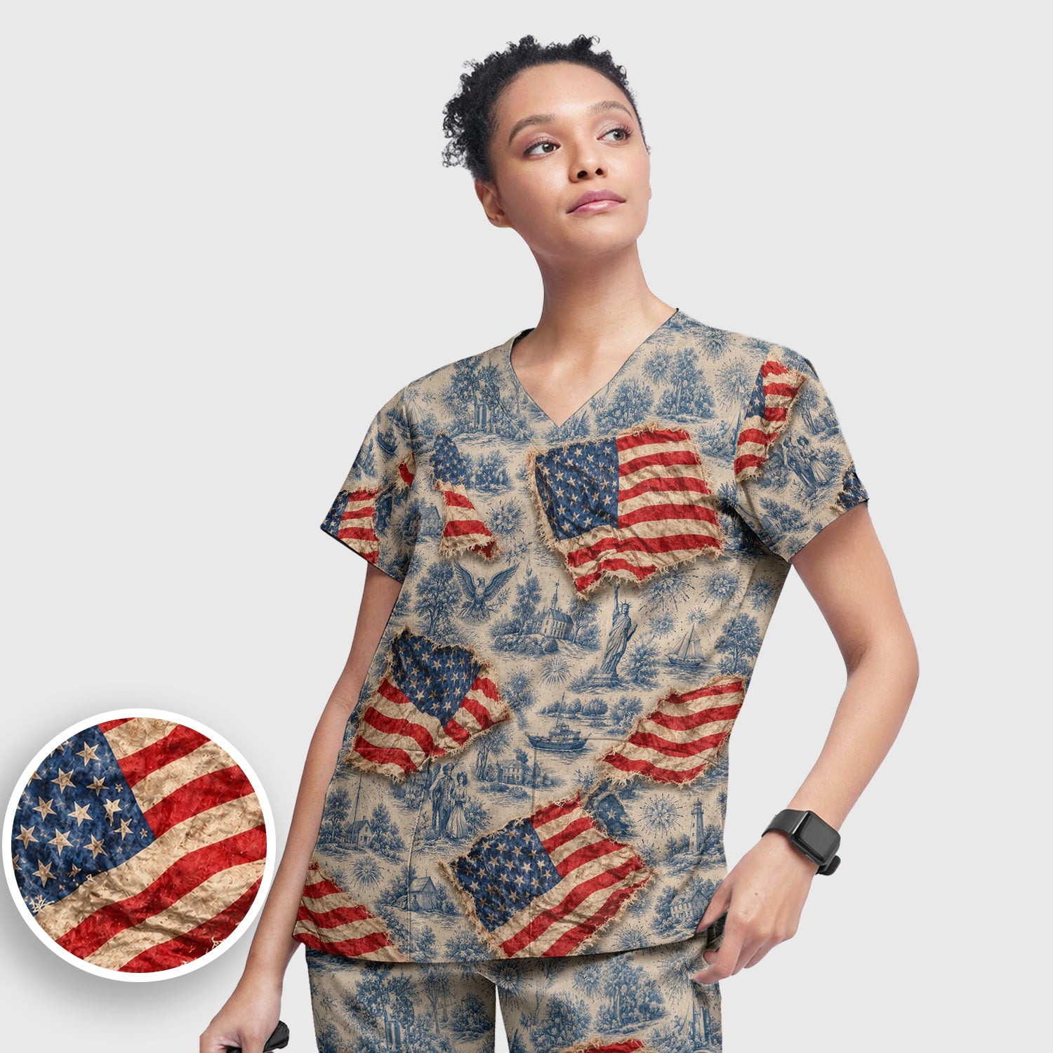 Vintage American Flag Toile Pattern Scrub Set, Scrub Pants and V Neck Top