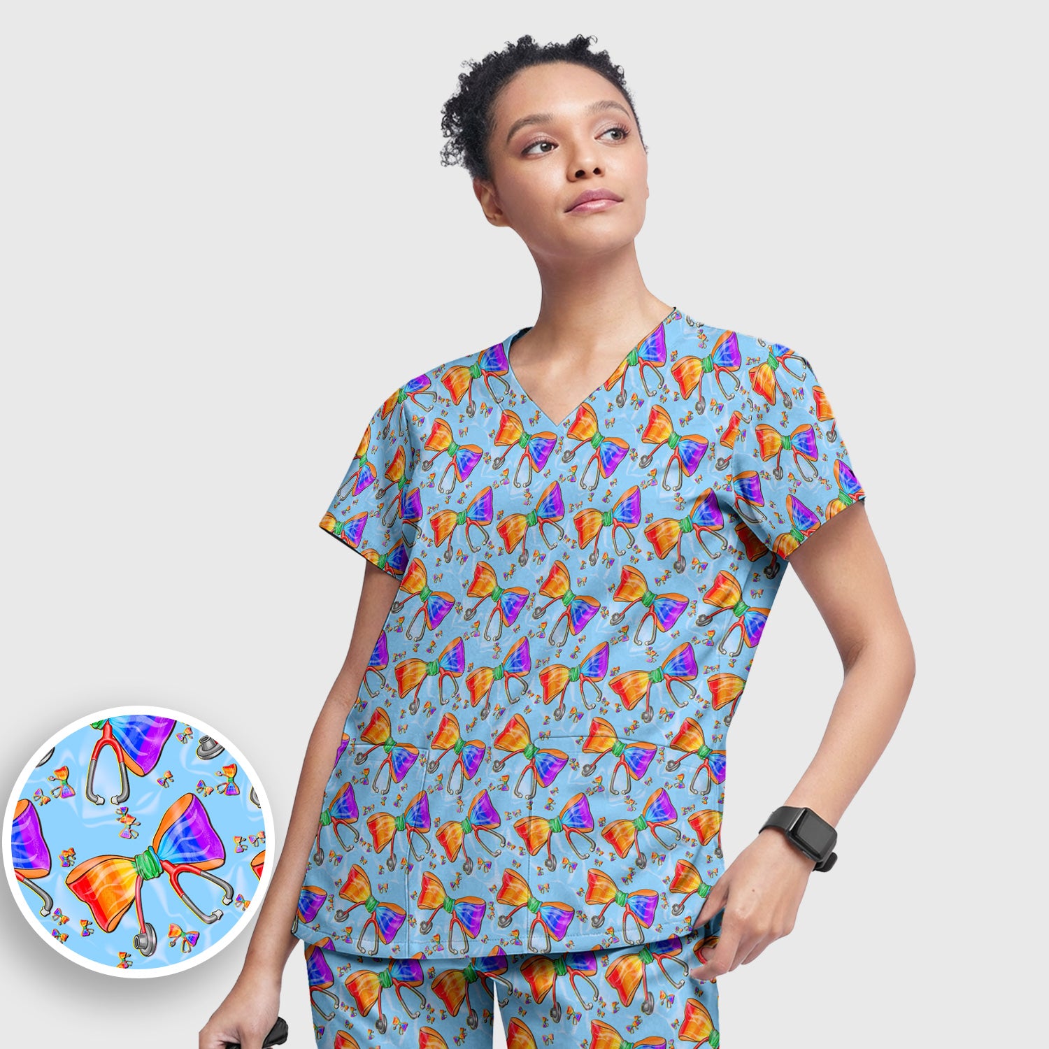 Colorful Rainbow Bow Stethoscope Pattern Scrub Top, Breathable Fabrics Nursing Uniform