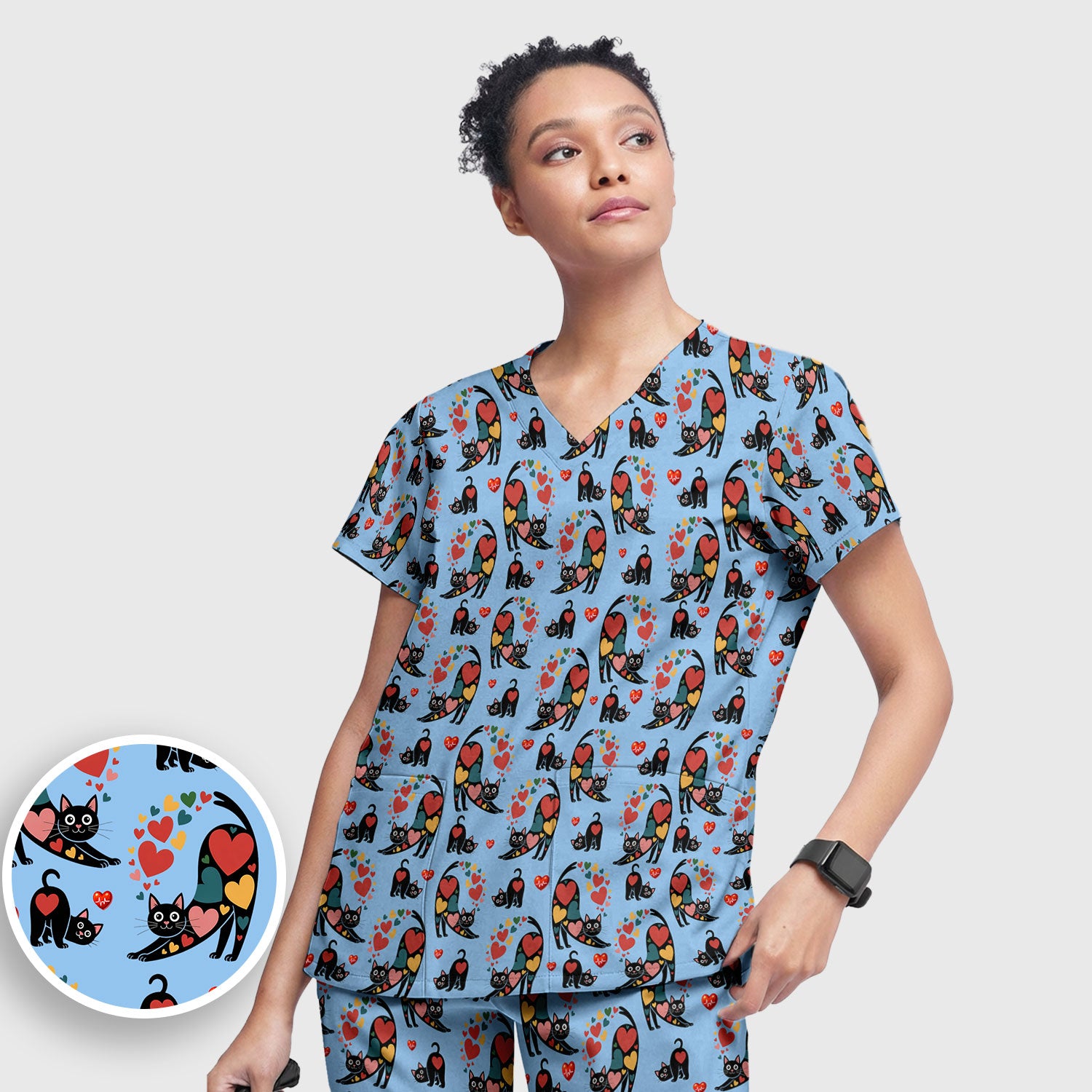 Playful Cat Valentine Heart Print Medical Scrub Set, Breathable Med Uniform