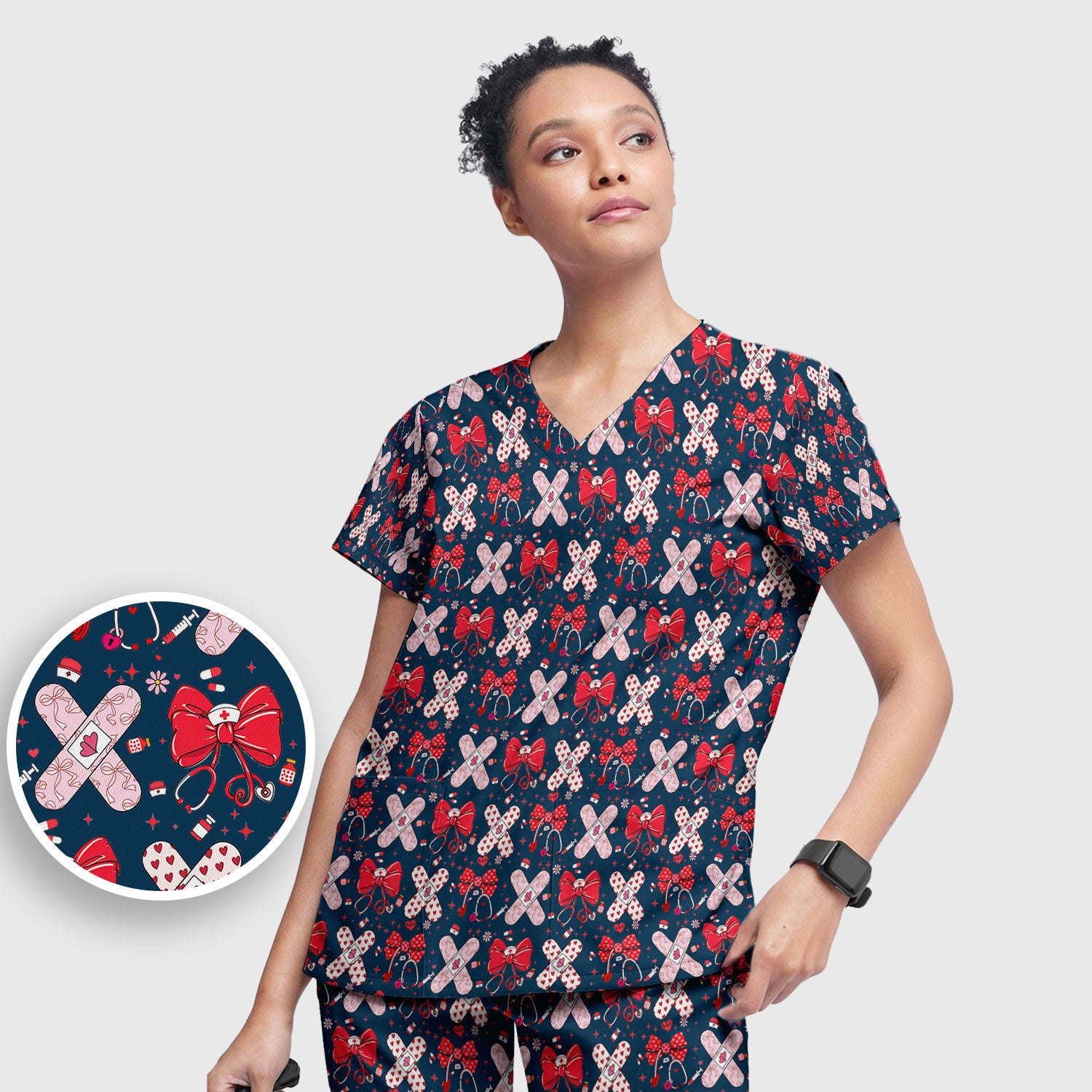 Valentine Nurse Scrub Set, Red Bow And Heart Bandage Pattern Medical Shirt, Breathable Fabrics Nursing Uniform