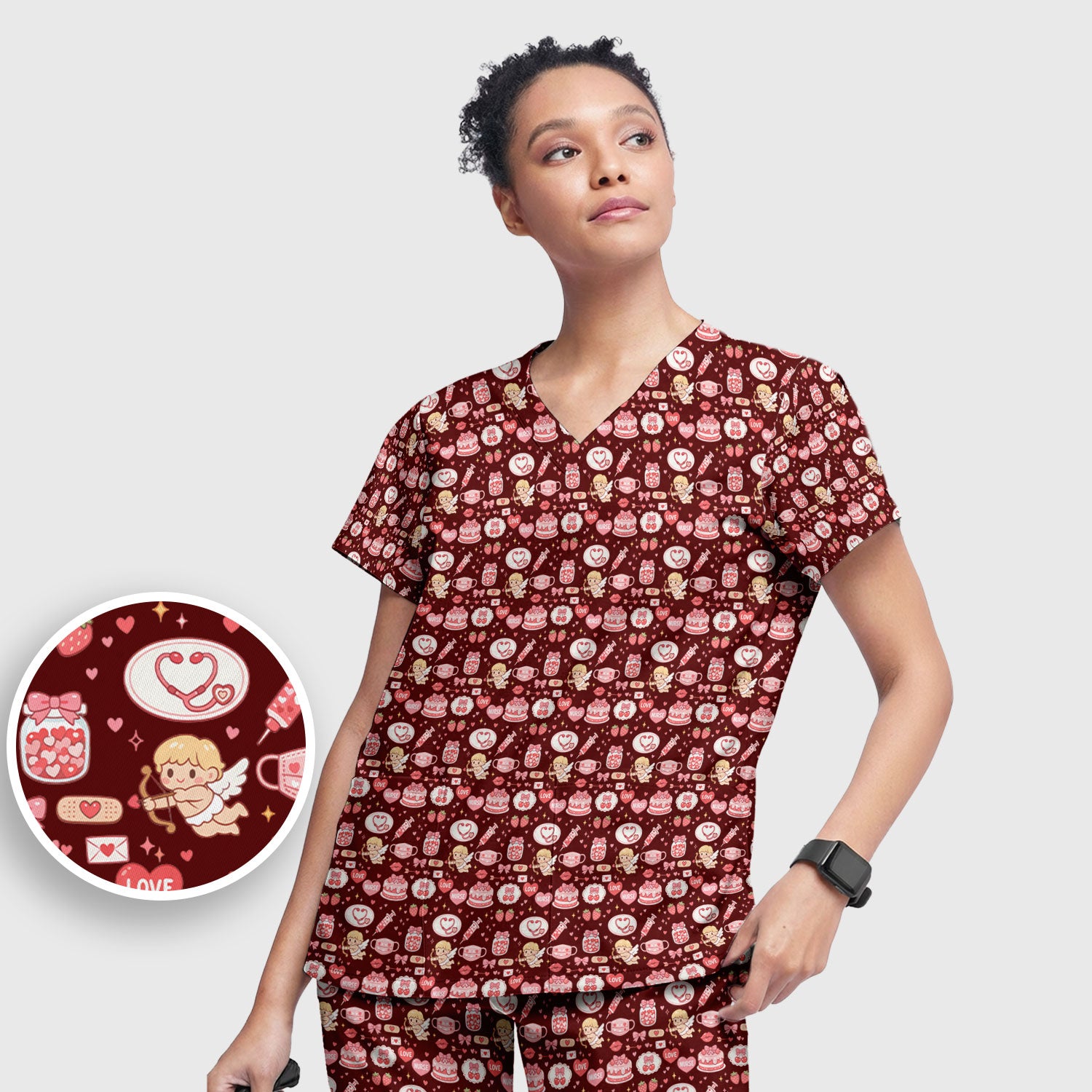 Cupid Nurse Scrub Set, Cute Love Medical Pattern Shirt For Valentine, Breathable Fabrics Nursing Uniform