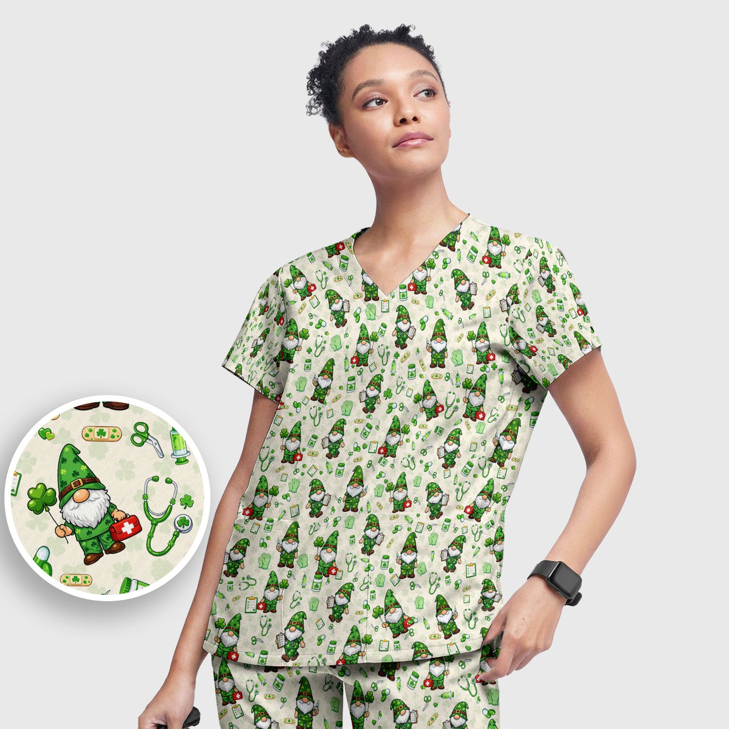 St. Patrick’s Day Nurse Gnome Scrub Set, Green Lucky Medical Pattern Nurse Shirt, Breathable Fabrics Nursing Uniform