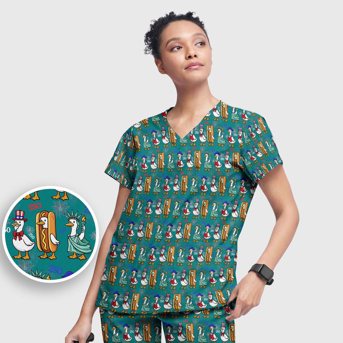 Patriotic Duck Independence Day Pattern Scrub Set, Scrub Pants and V Neck Top
