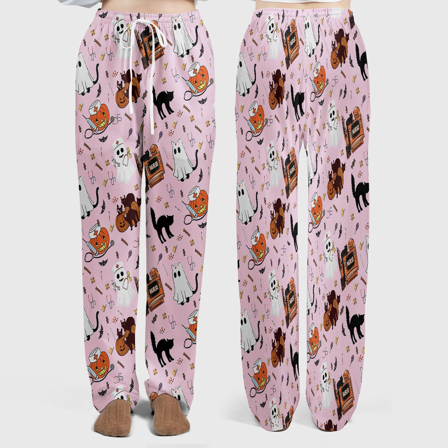 Halloween Scrub Set for Nurse - Cute Pumpkin Ghost Cat Medical Pants and V Neck Top - Spooky Uniform for Women RN CNA LPN