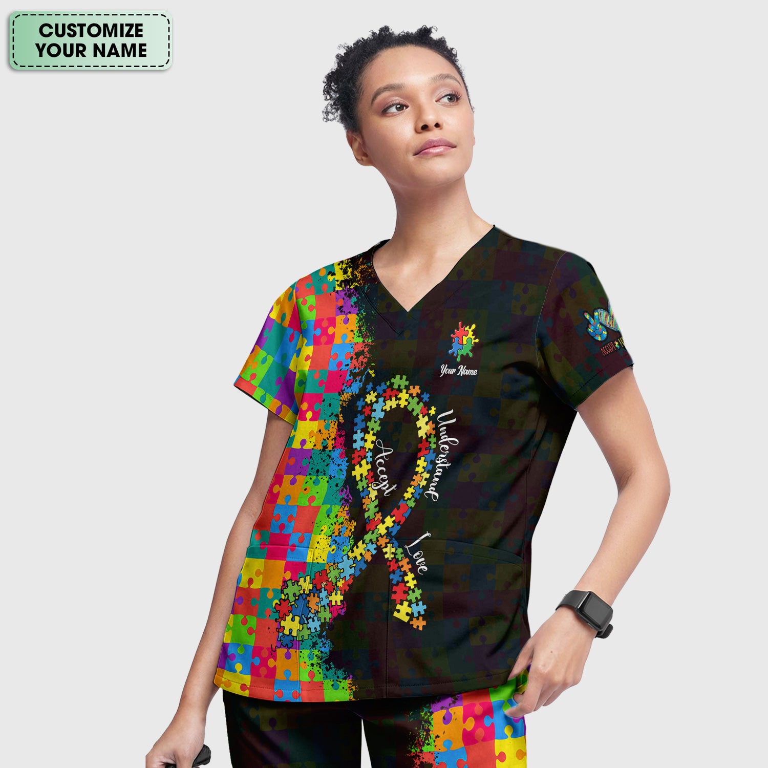 Personalized Autism Awareness Puzzle Ribbon Scrub Set, Breathable Med Uniform