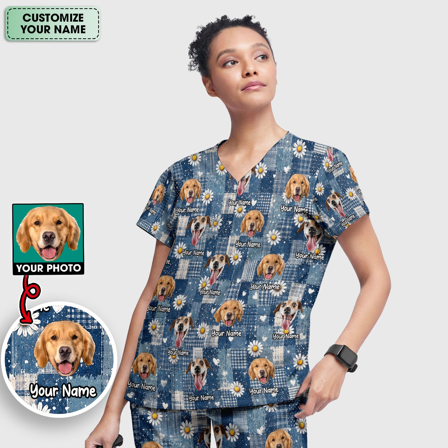 Personalized Cute Dog Portrait On Blue Patchwork Daisy Pattern Scrub Set, Scrub Pants and V Neck Top
