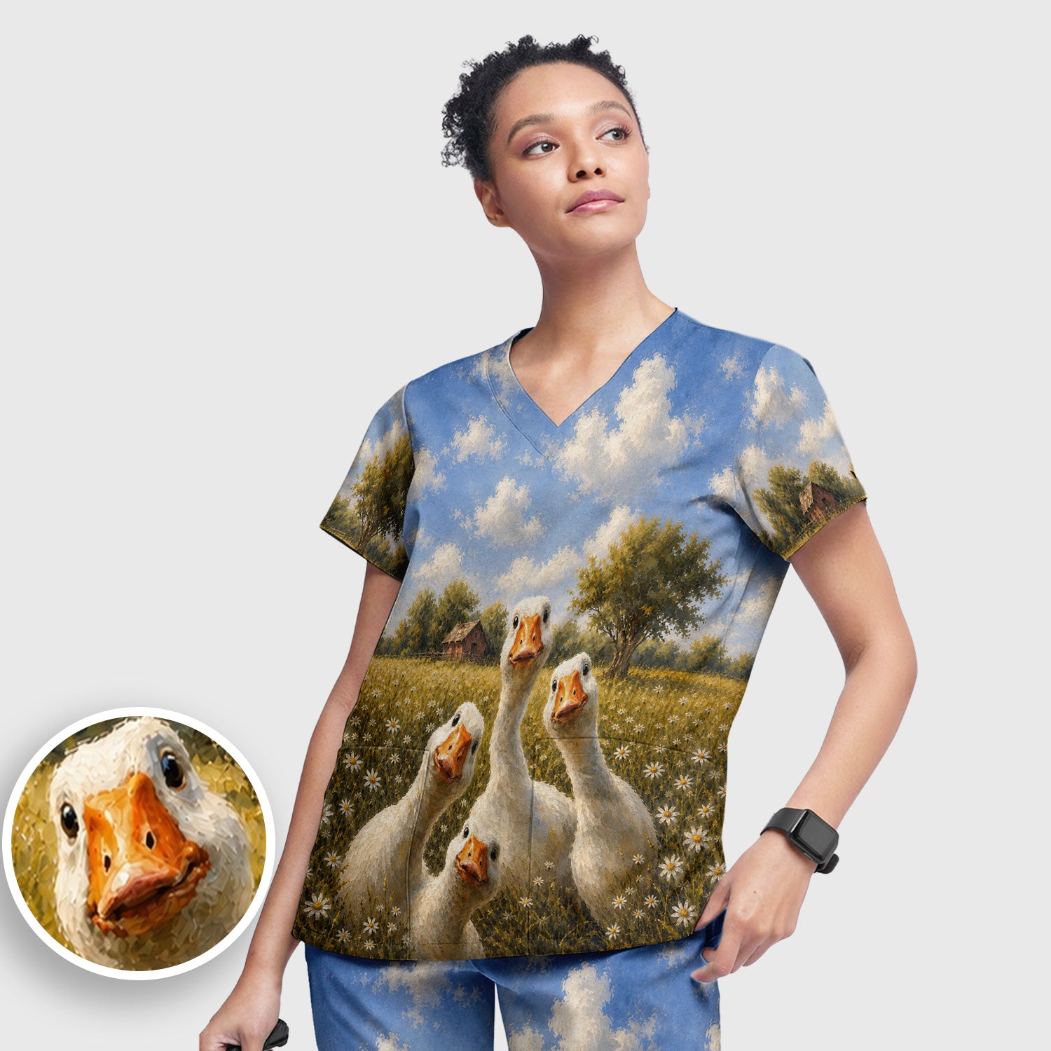 Cute Farmhouse Goose Meadow Pattern Scrub Set, Scrub Pants and V Neck Top
