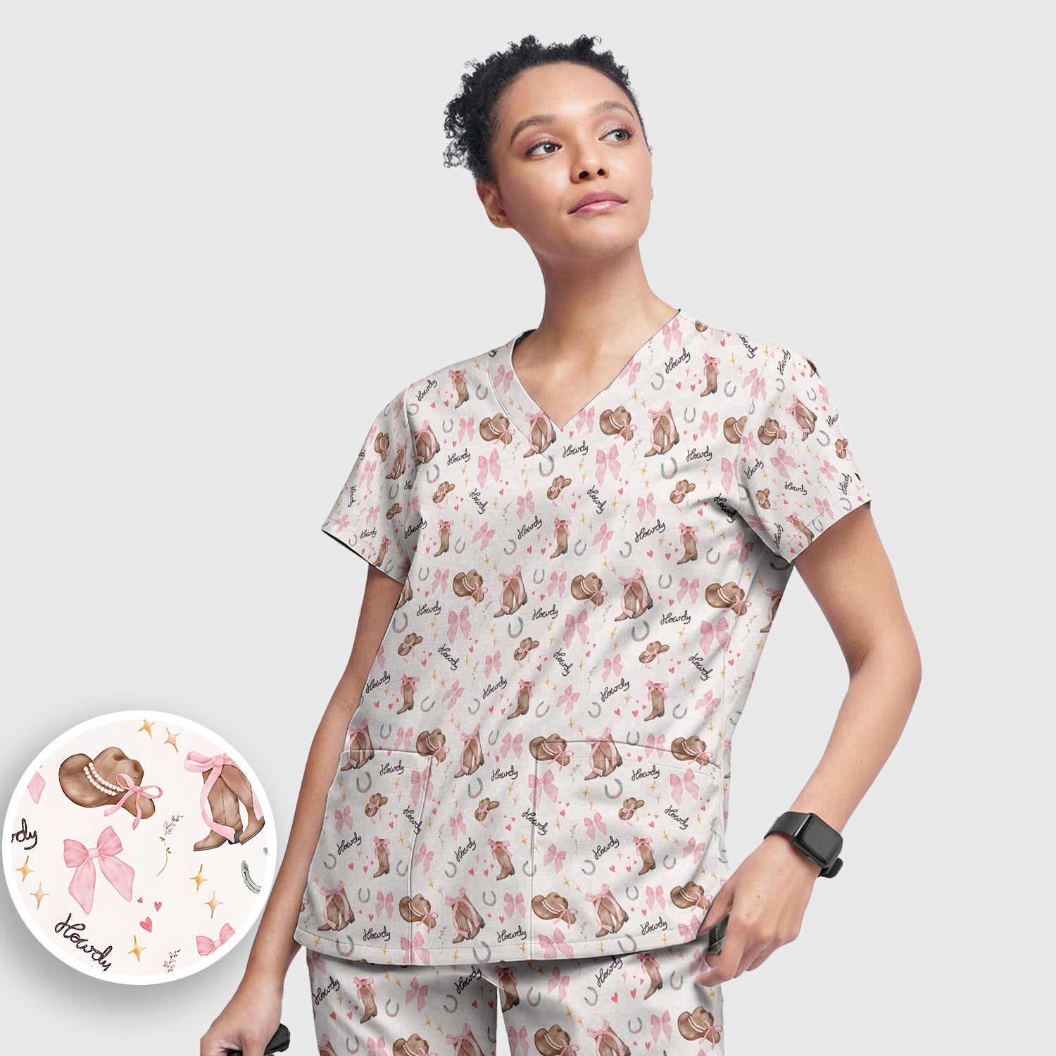 Cute Pink Cowgirl Boots Pattern Scrub Set, Scrub Pants and V Neck Top