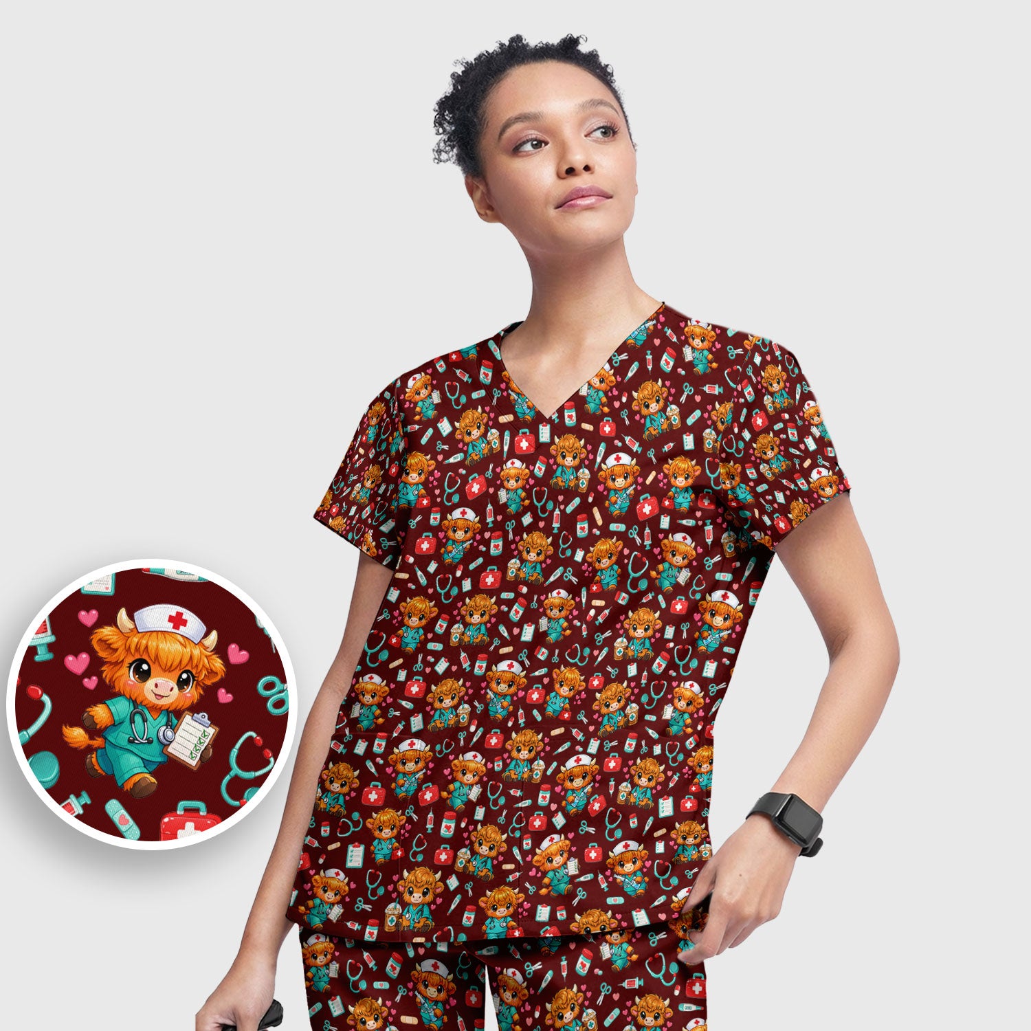 Cute Highland Cow Nurse Scrub Set, Kawaii Medical Pattern Shirt, Breathable Fabrics Nursing Uniform