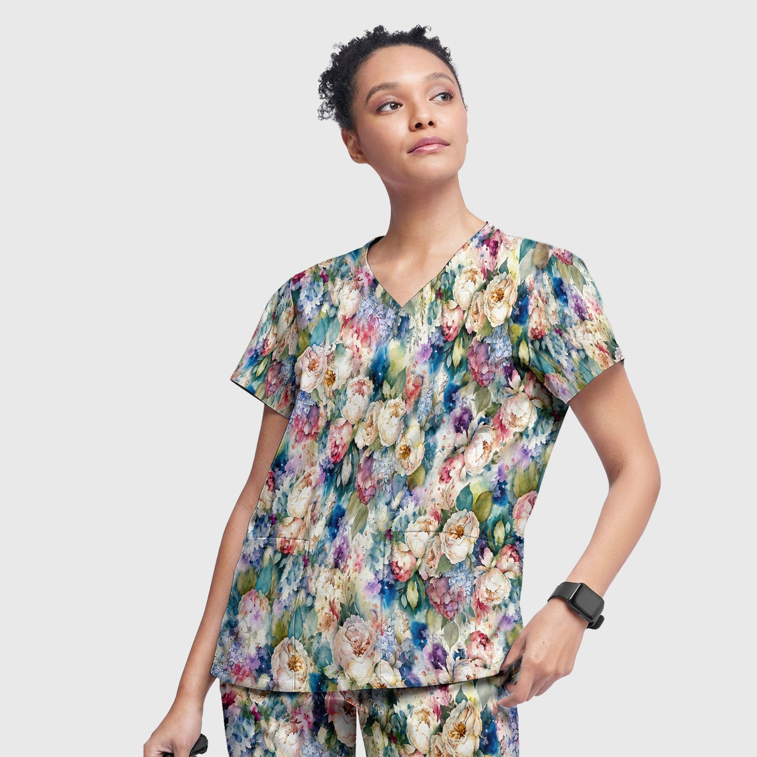 Watercolor Peony Hydrangea Floral Print Scrub Set, Scrub Pants and V Neck Top