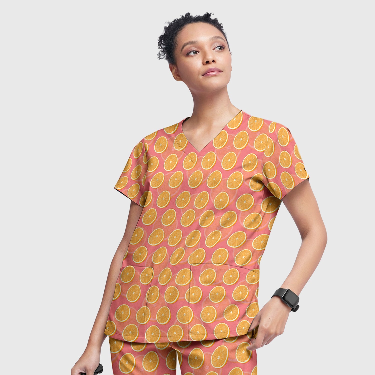 Fresh Orange Slice Pattern Scrub Set, Scrub Pants and V Neck Top