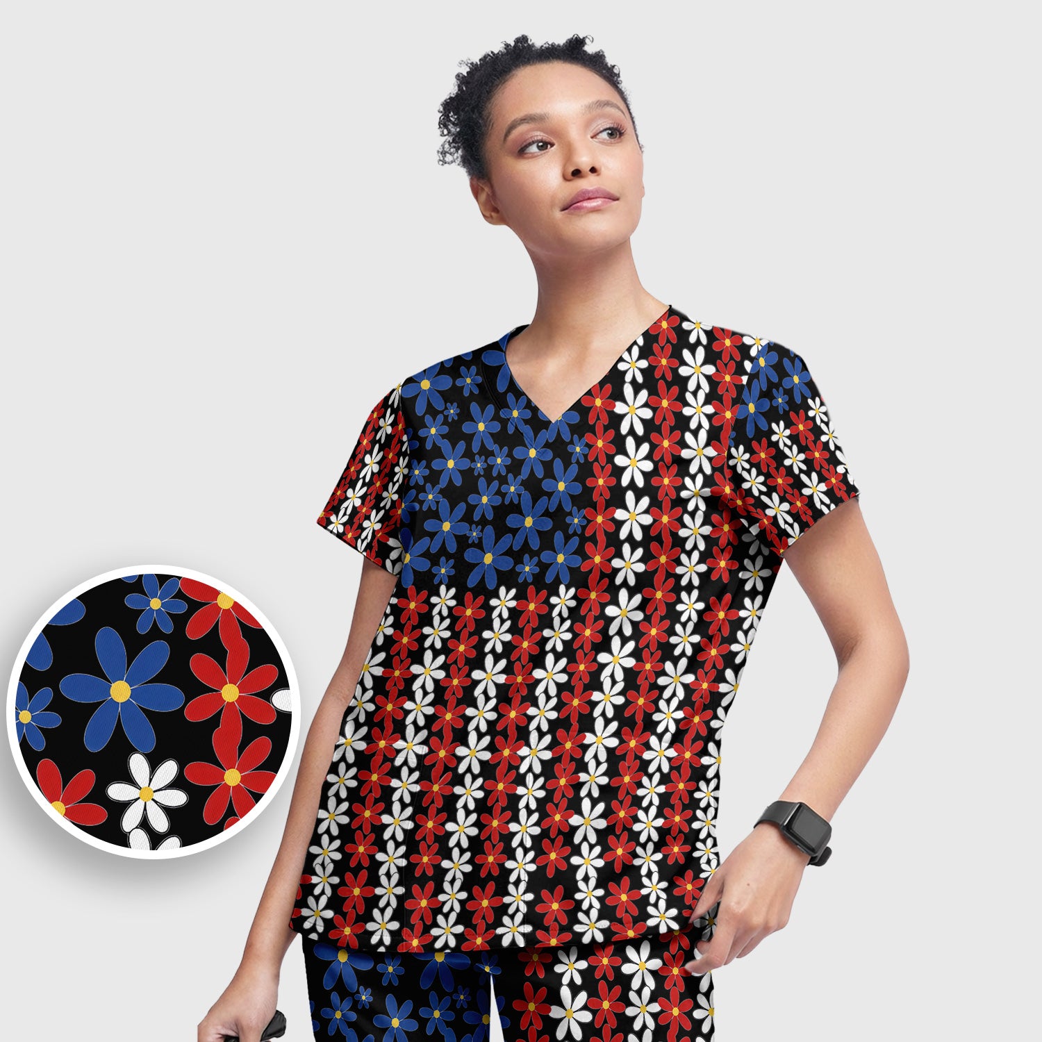 Retro Red Blue Daisy Stripe Pattern Scrub Top, Breathable Fabrics Nursing Uniform