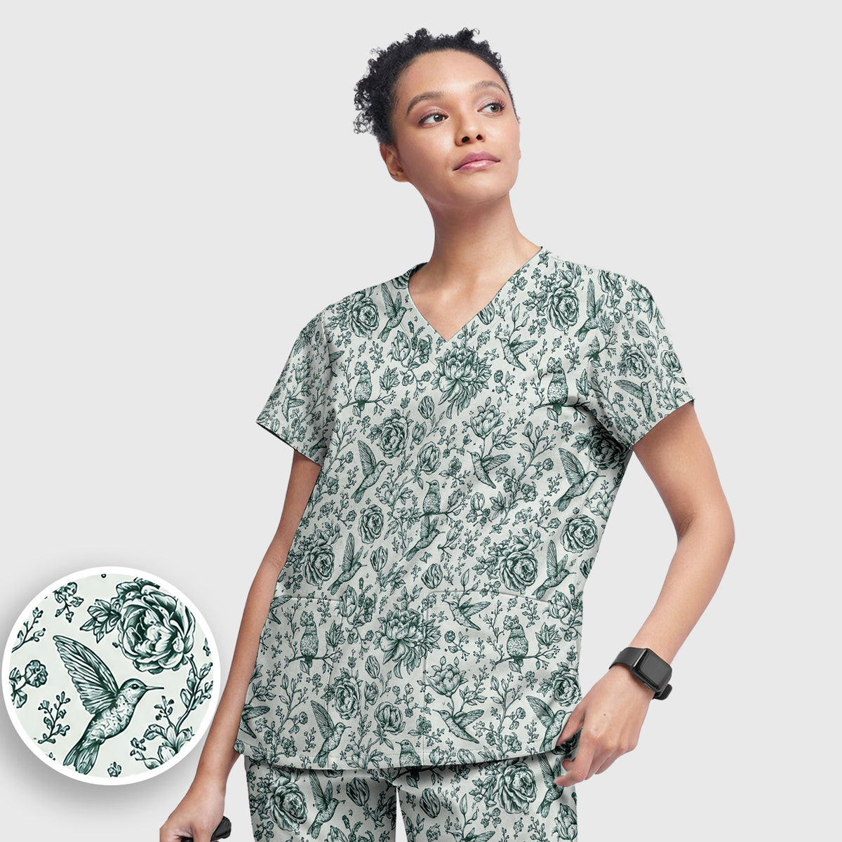 Vintage Hummingbird Pattern Scrub Set, Scrub Pants and V Neck Top