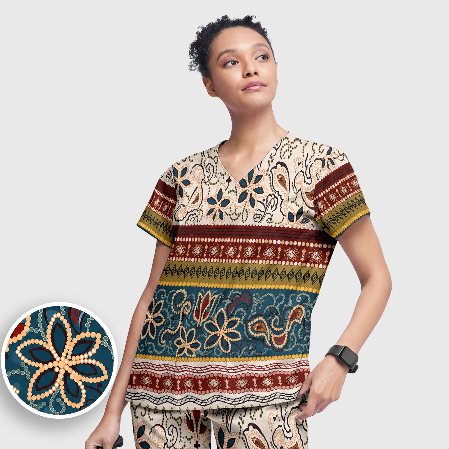 Boho Paisley Floral Stripe Pattern Scrub Set, Scrub Pants and V Neck Top