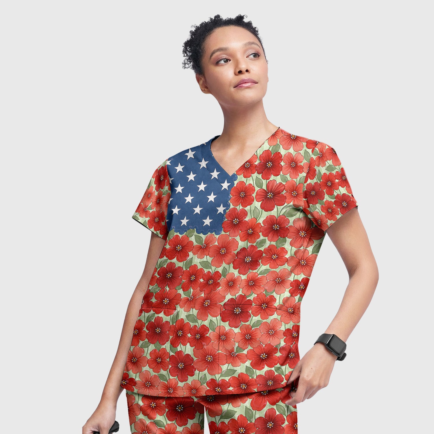 Patriotic USA Flag With Red Floral Blossom Pattern Scrub Set, Scrub Pants and V Neck Top
