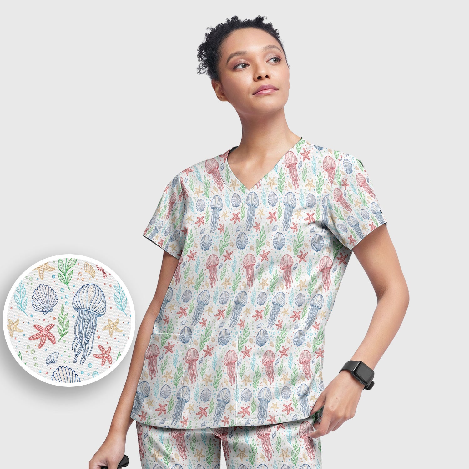 Cute Jellyfish Ocean World  Pattern Scrub Set, Scrub Pants and V Neck Top