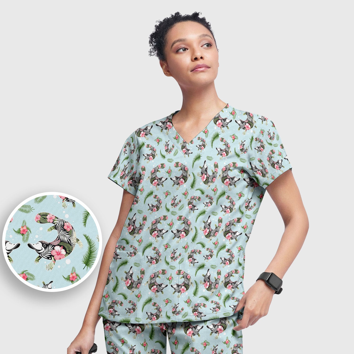 Cute Platypus Scrub Set, Tropical Floral Animal Pattern Nurse Shirt, Breathable Fabrics Nursing Uniform