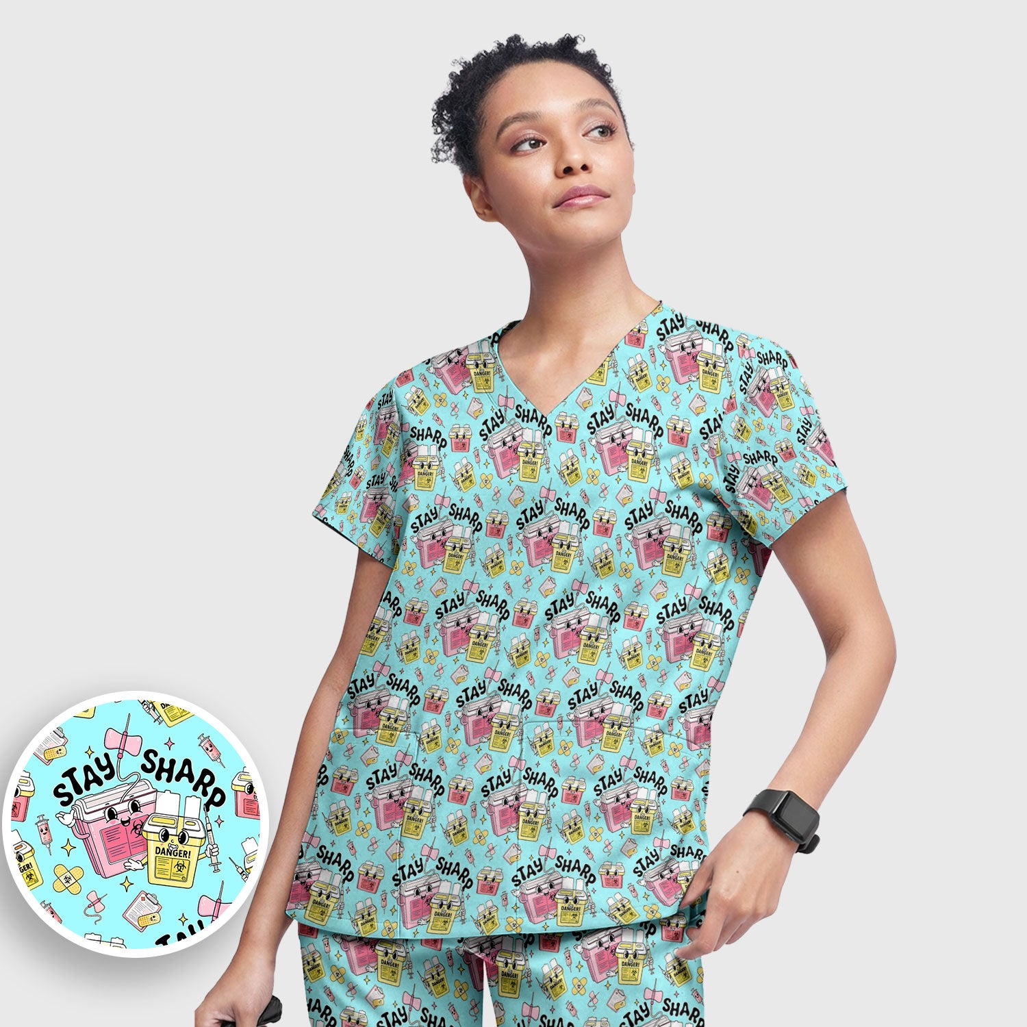 Stay Sharp Nurse Scrub Set, Cute Medical Pattern Scrubs, Breathable Fabrics Nursing Uniform