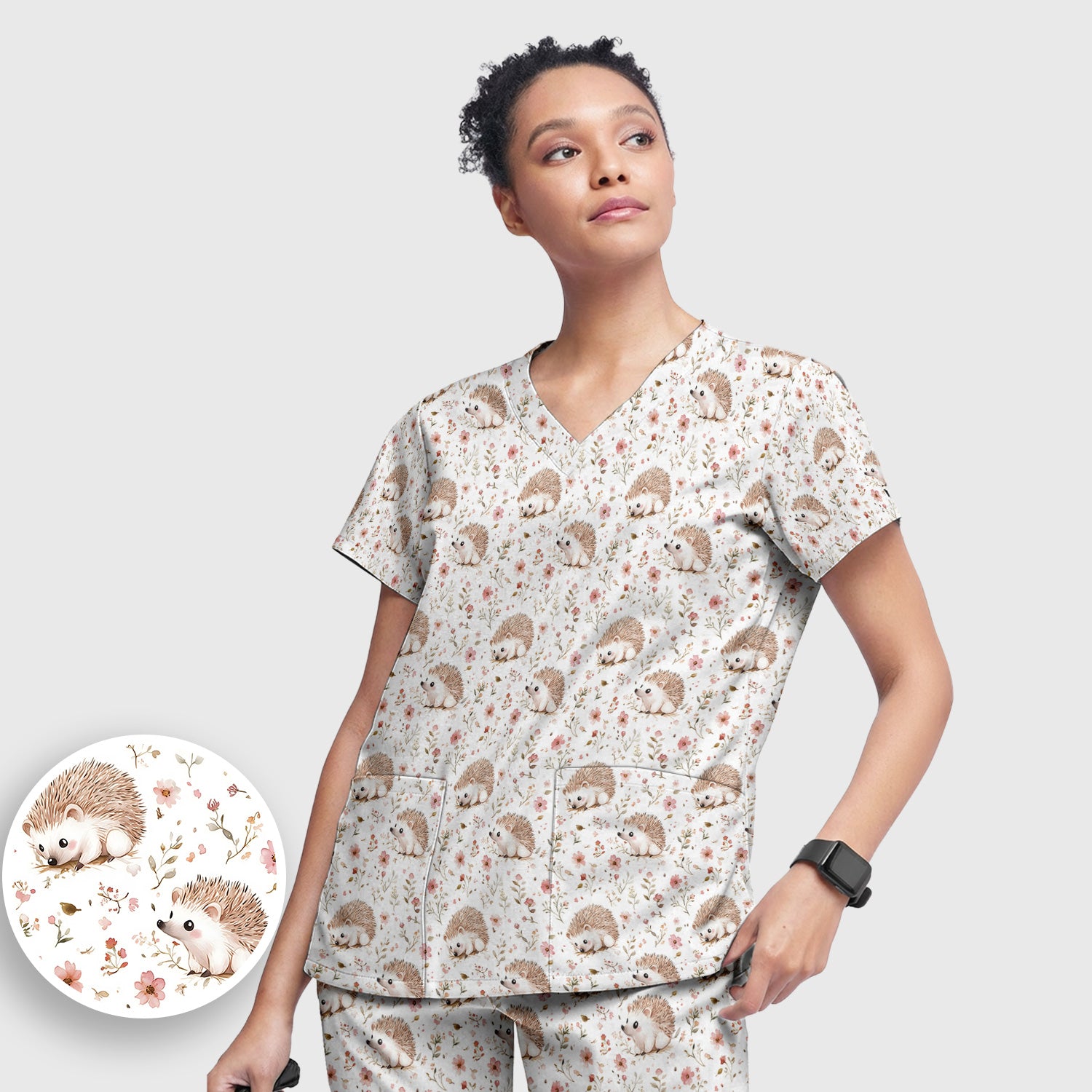 Cute Hedgehog Wildflower Garden Pattern Scrub Set, Scrub Pants and V Neck Top