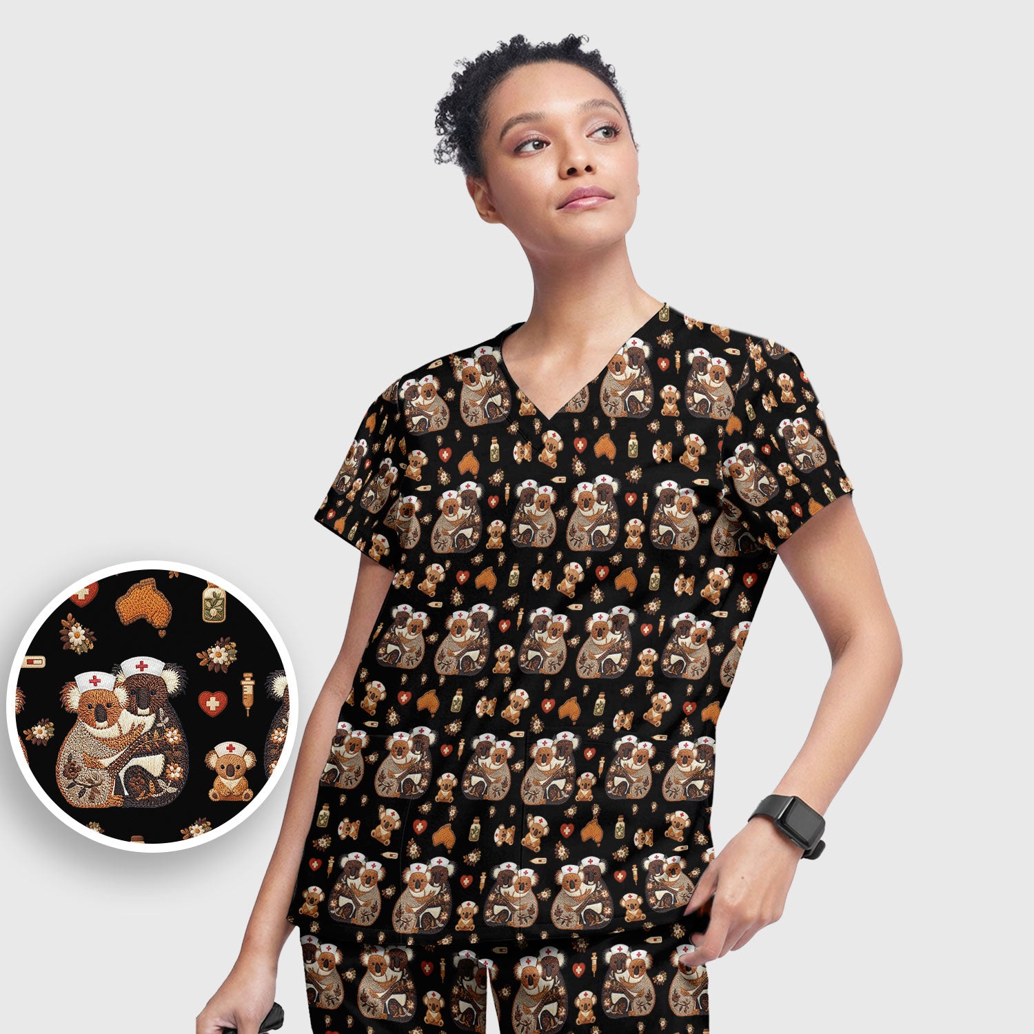 Cute Cartoon Koala Valentine Nurse Design Scrub Set, Breathable Med Uniform