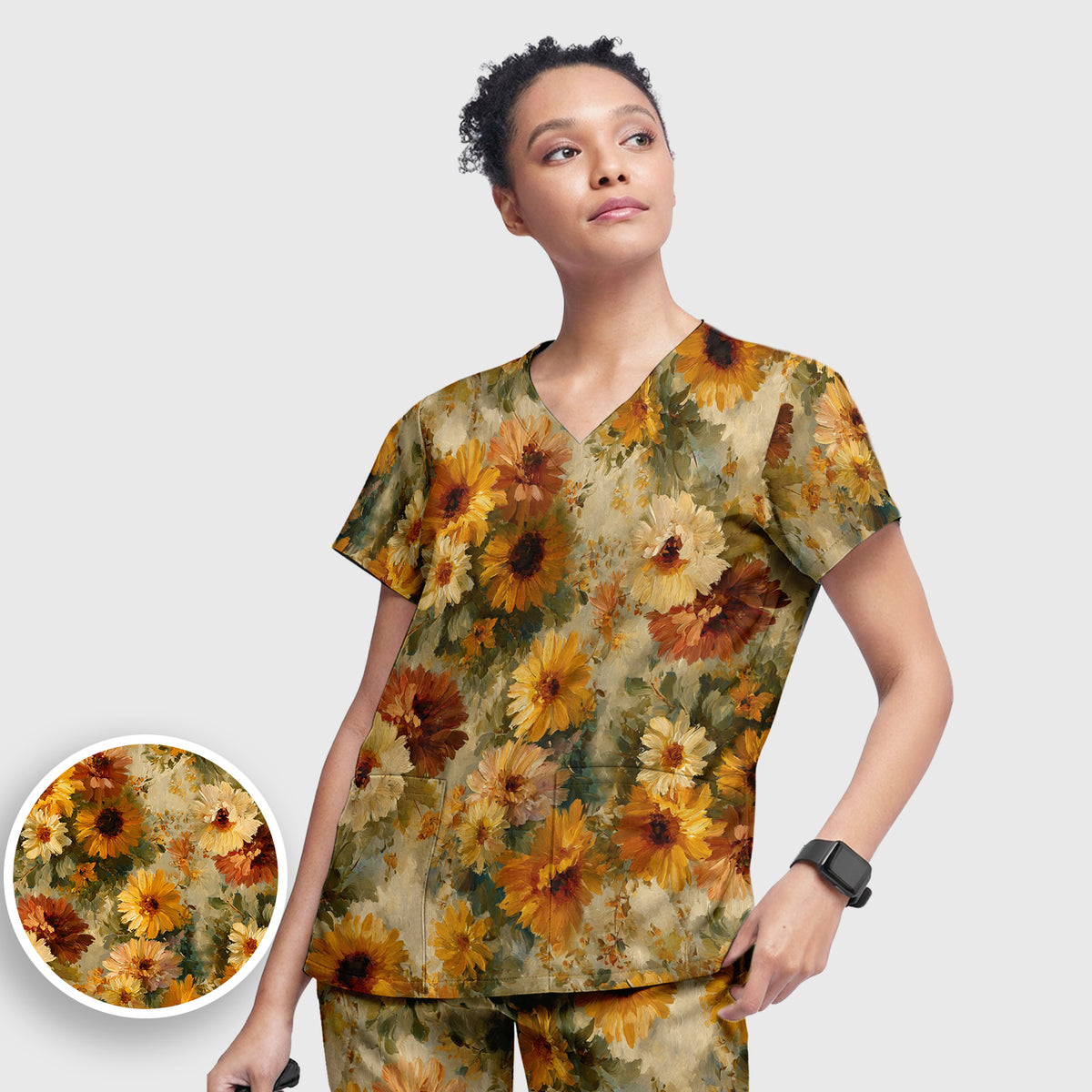 Vintage Sunflower Oil Painting Scrub Set, Scrub Pants and V Neck Top