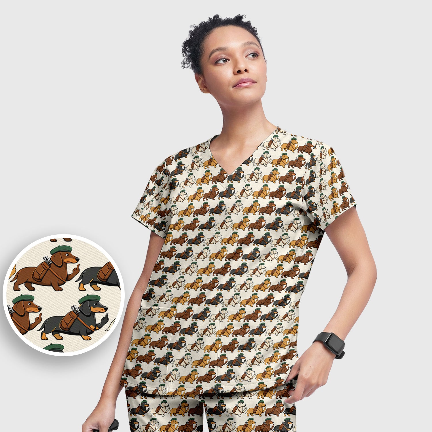 Cartoon Dachshund Dog Wearing Hat And Backpack Pattern Scrub Set, Scrub Pants and V Neck Top