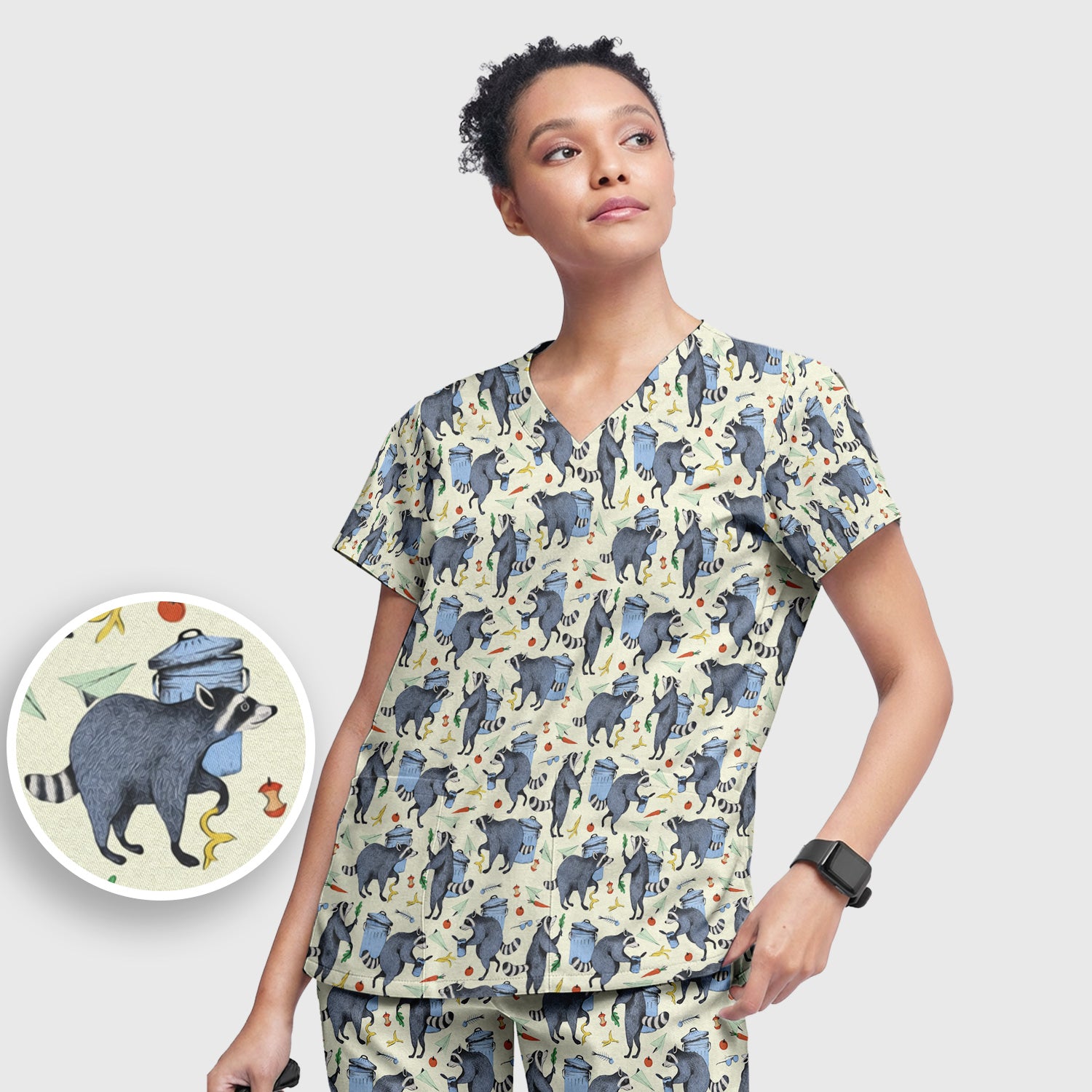 Funny Nurse Raccoon Eating Trash Banana Scrub Set, Scrub Pants and V Neck Top