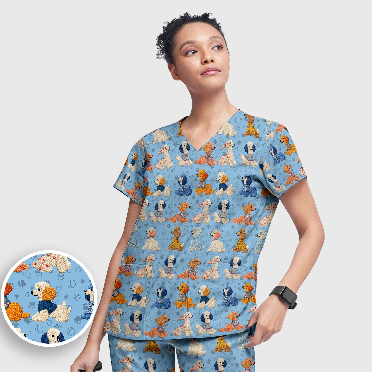 Cute Colorful Poodle Pattern Scrub Set, Scrub Pants and V Neck Top