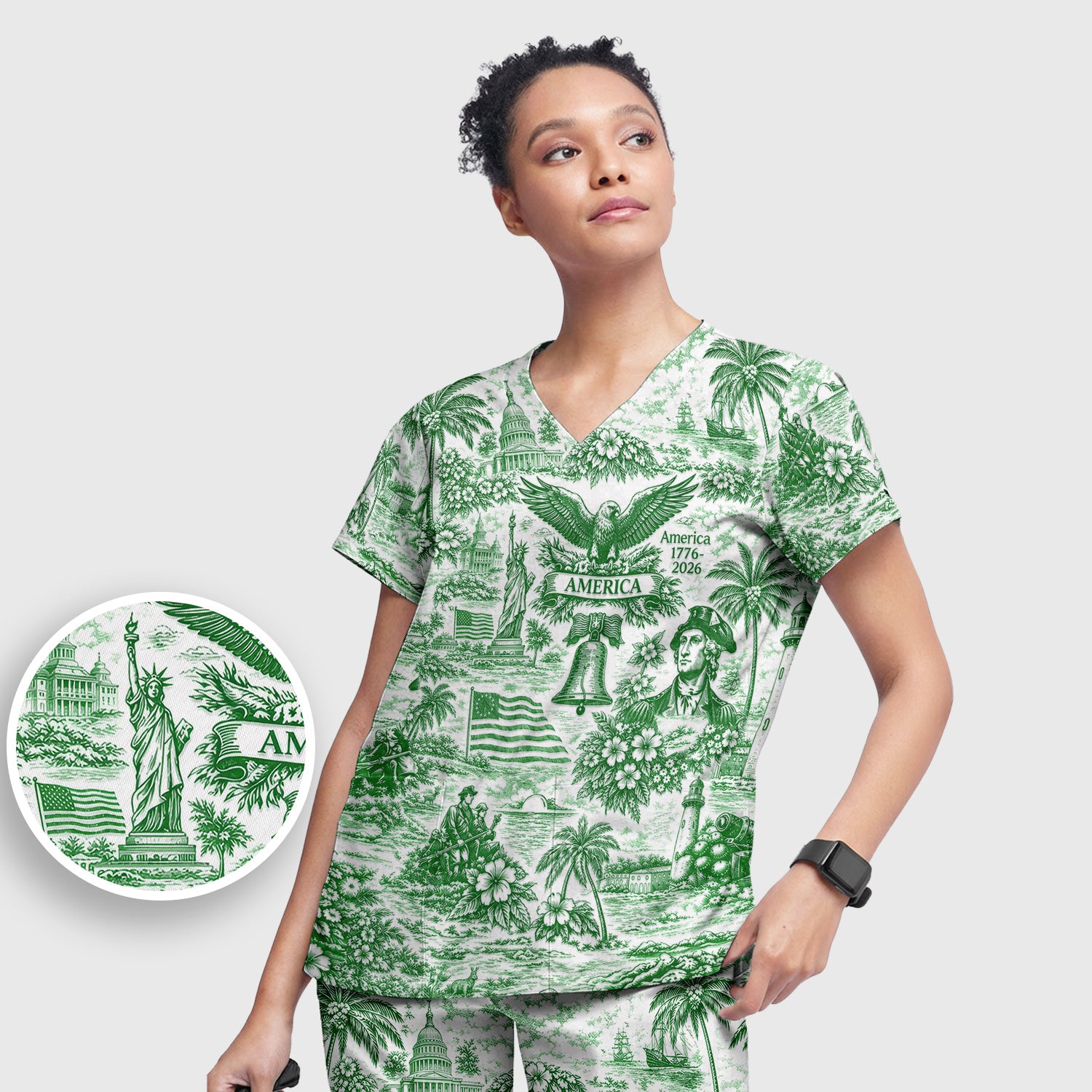 Patriotic America Heritage Toile Pattern Scrub Set, Women's Scrub Sets